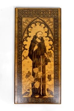 Panel / Pyrography, St. Francis Speaking to the Birds, Gothic Art Nouveau 1900's