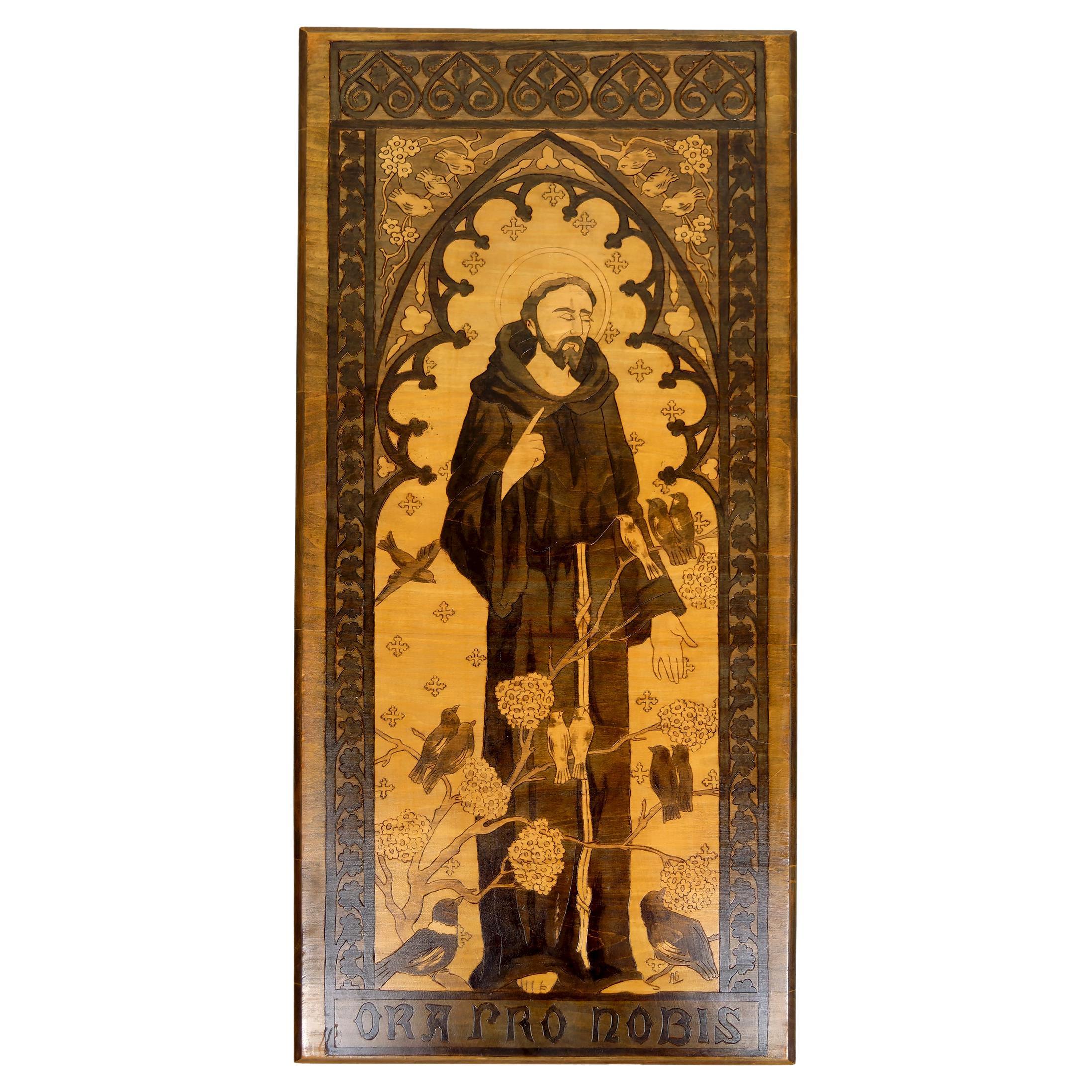 Tafel / Pyrographie, Der heilige Franziskus spricht zu den Vögeln, Gotik Jugendstil 1900er Jahre im Angebot
