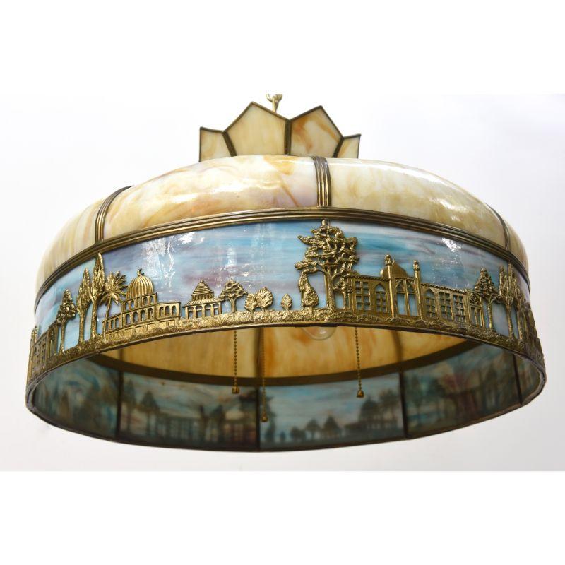 Glass Panel Shade Pendant with Arabic Style Motif For Sale