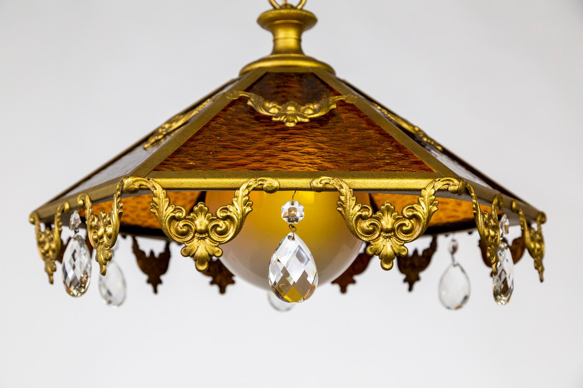 Paneled Amber Glass Pendant Light w/ Crystal Accents For Sale 6