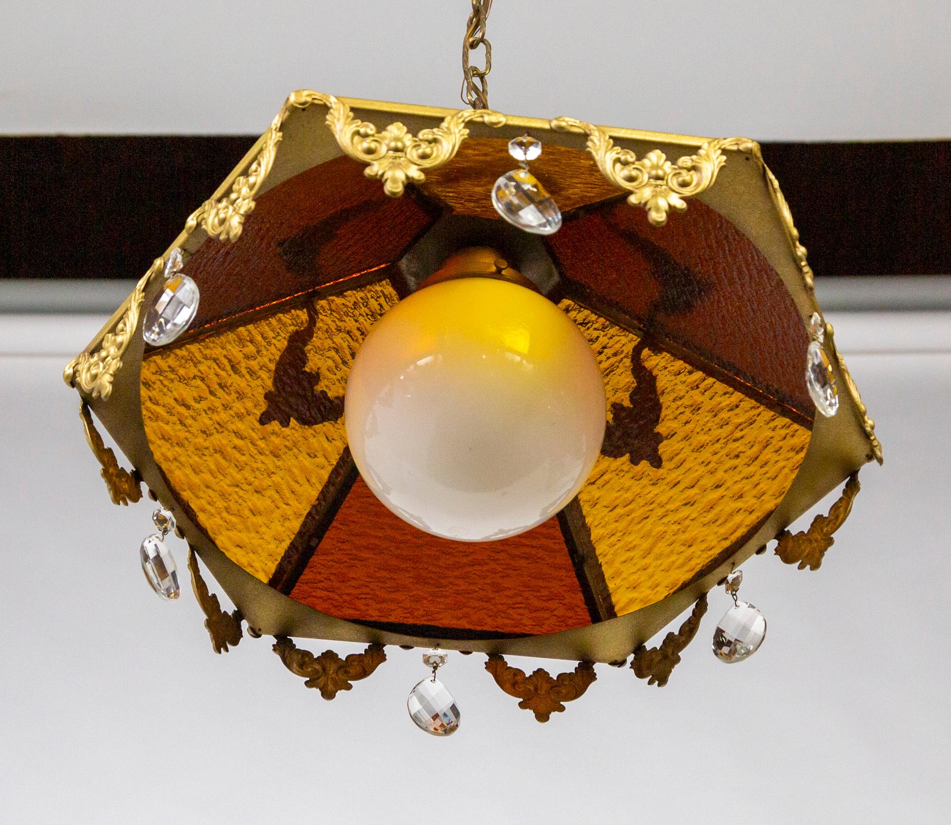 Paneled Amber Glass Pendant Light w/ Crystal Accents For Sale 7