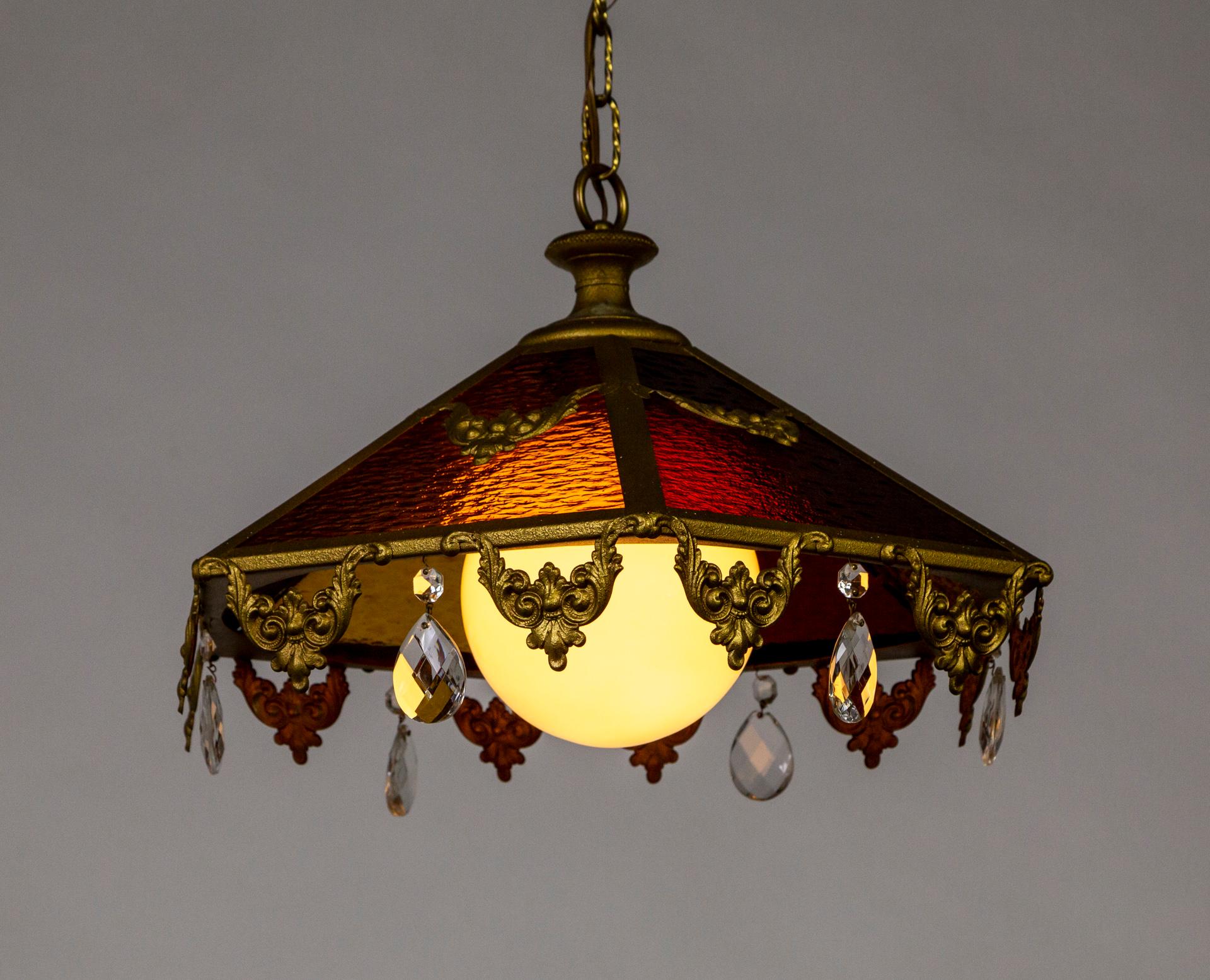 Paneled Amber Glass Pendant Light w/ Crystal Accents In Good Condition For Sale In San Francisco, CA