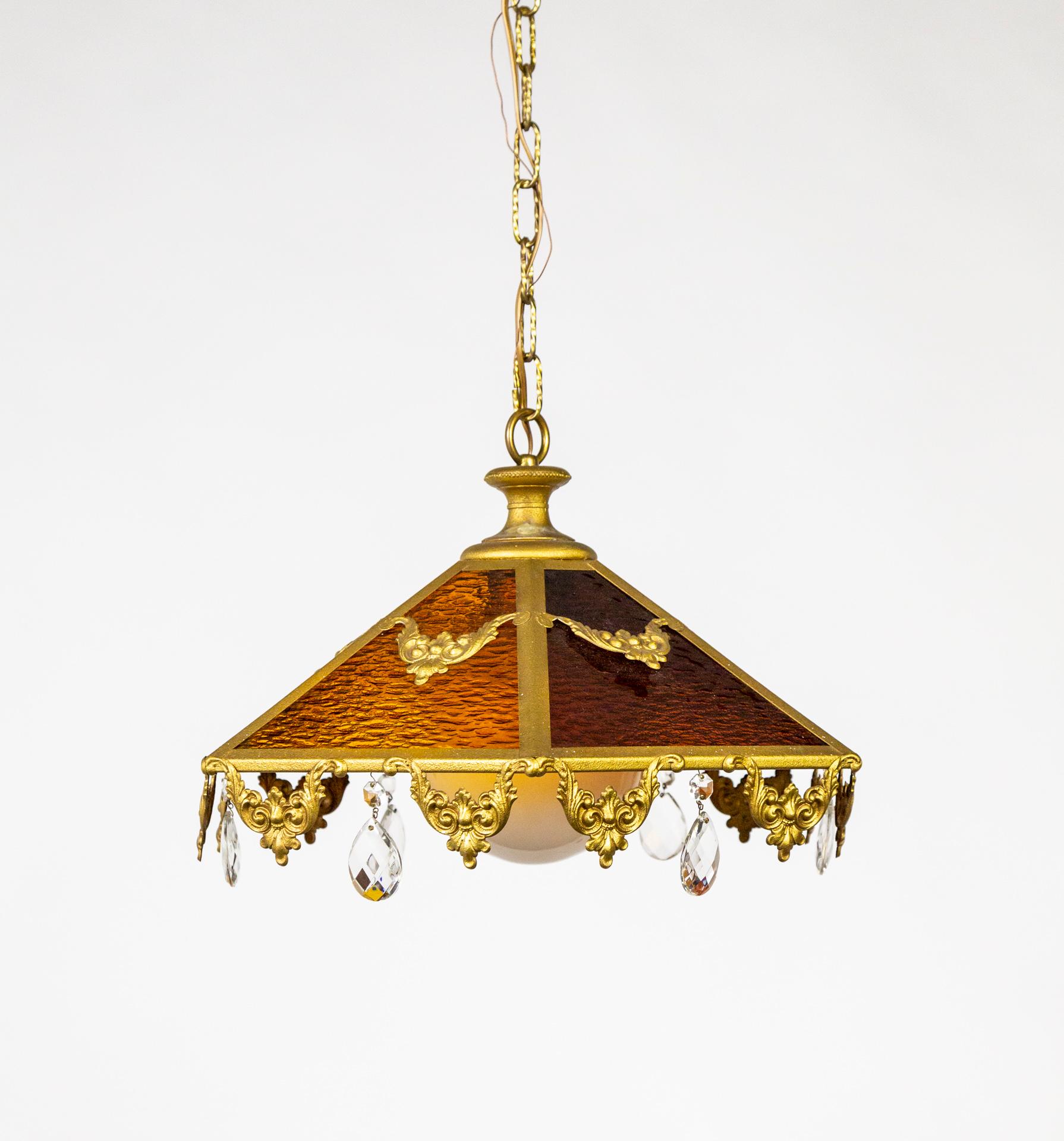 20th Century Paneled Amber Glass Pendant Light w/ Crystal Accents For Sale