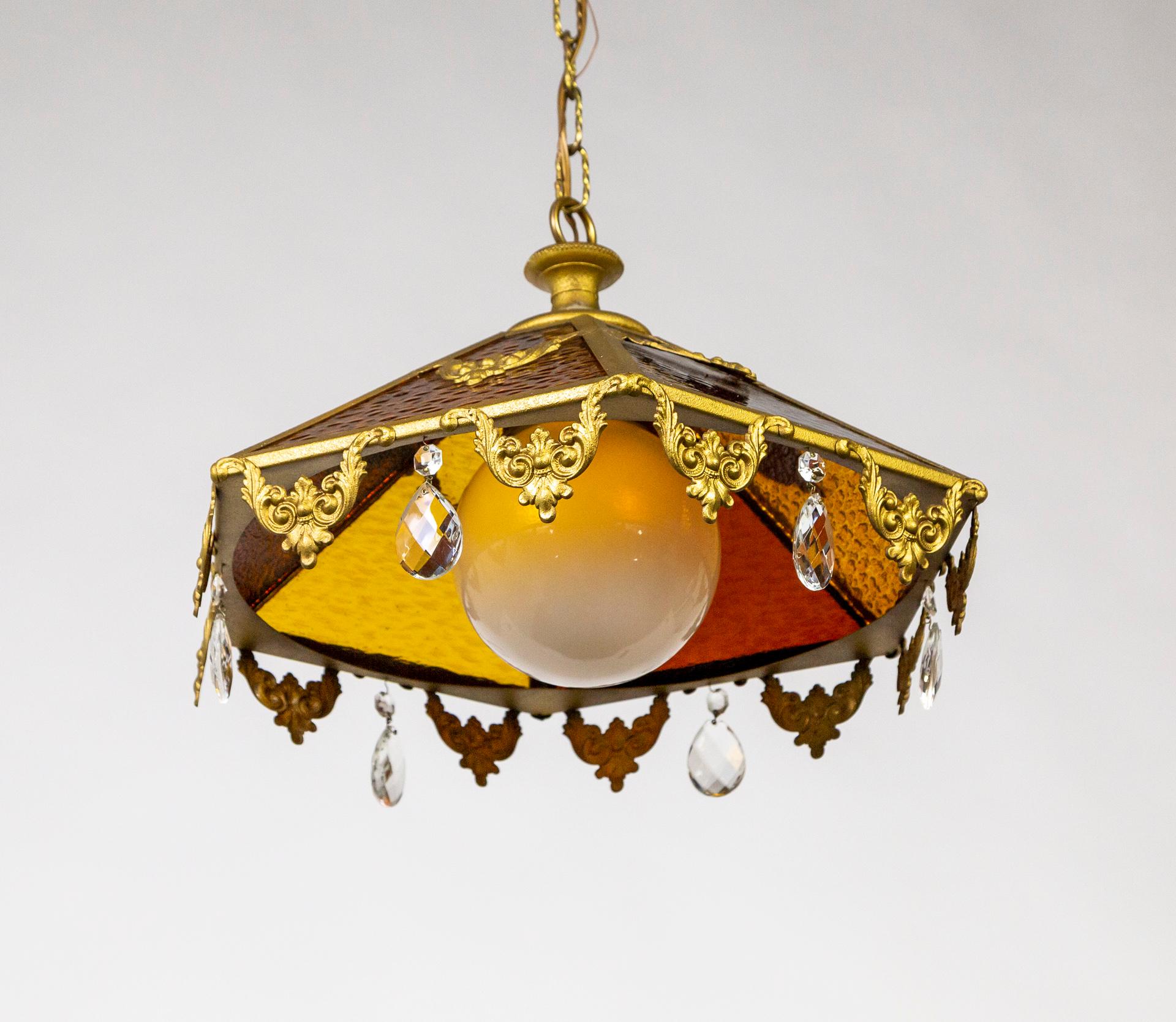 Metal Paneled Amber Glass Pendant Light w/ Crystal Accents For Sale