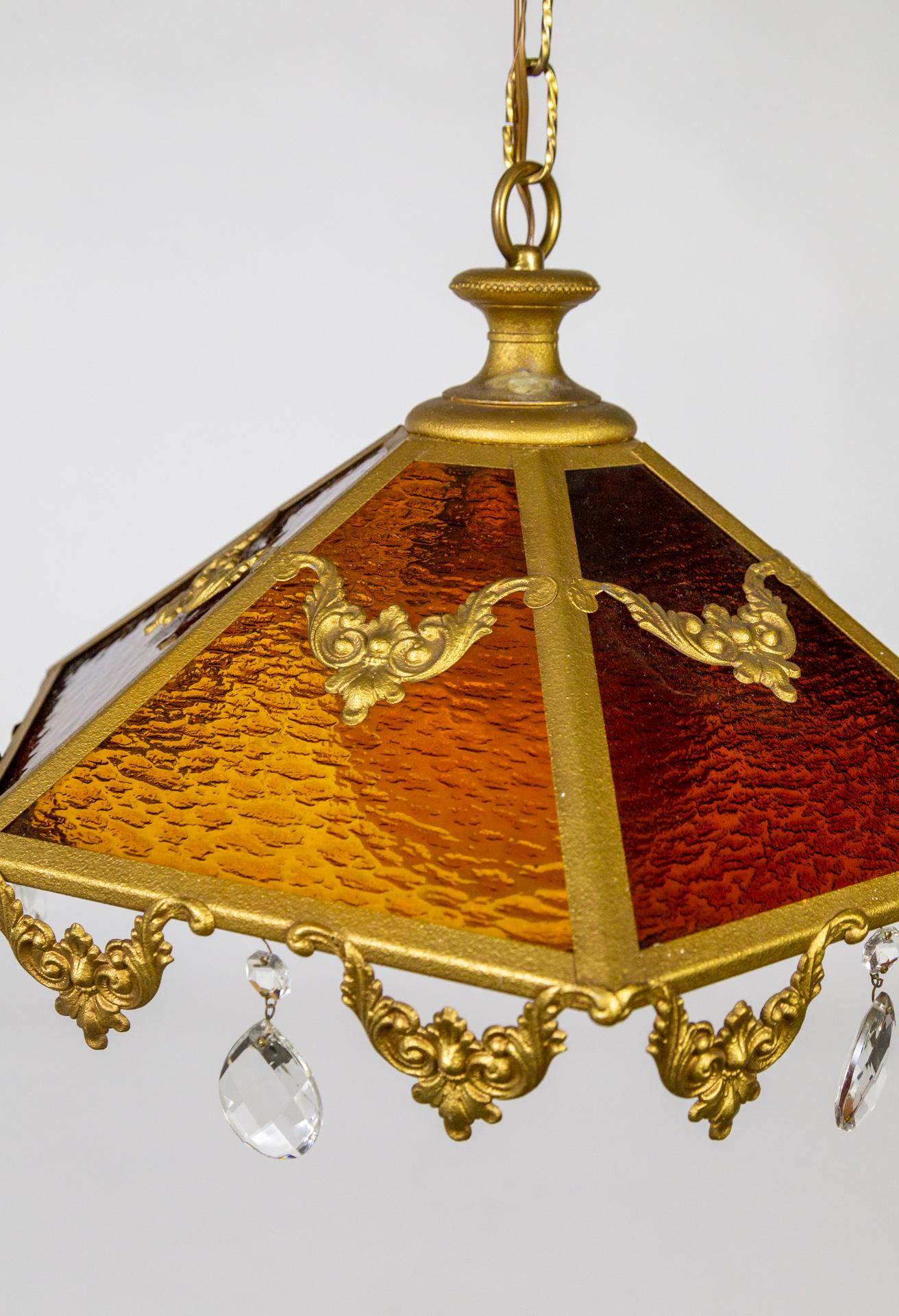 Paneled Amber Glass Pendant Light w/ Crystal Accents For Sale 1