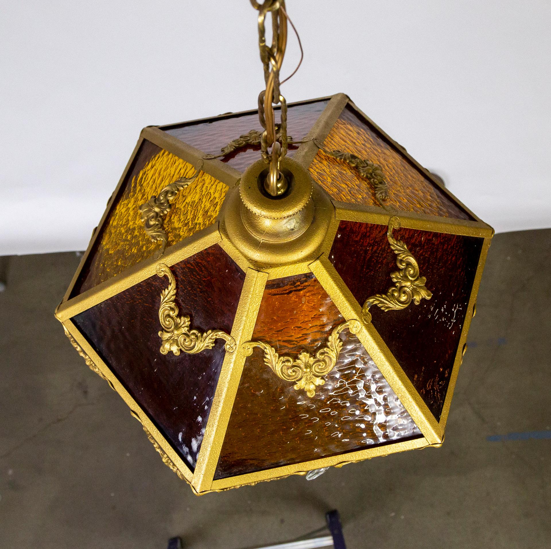 Paneled Amber Glass Pendant Light w/ Crystal Accents For Sale 2