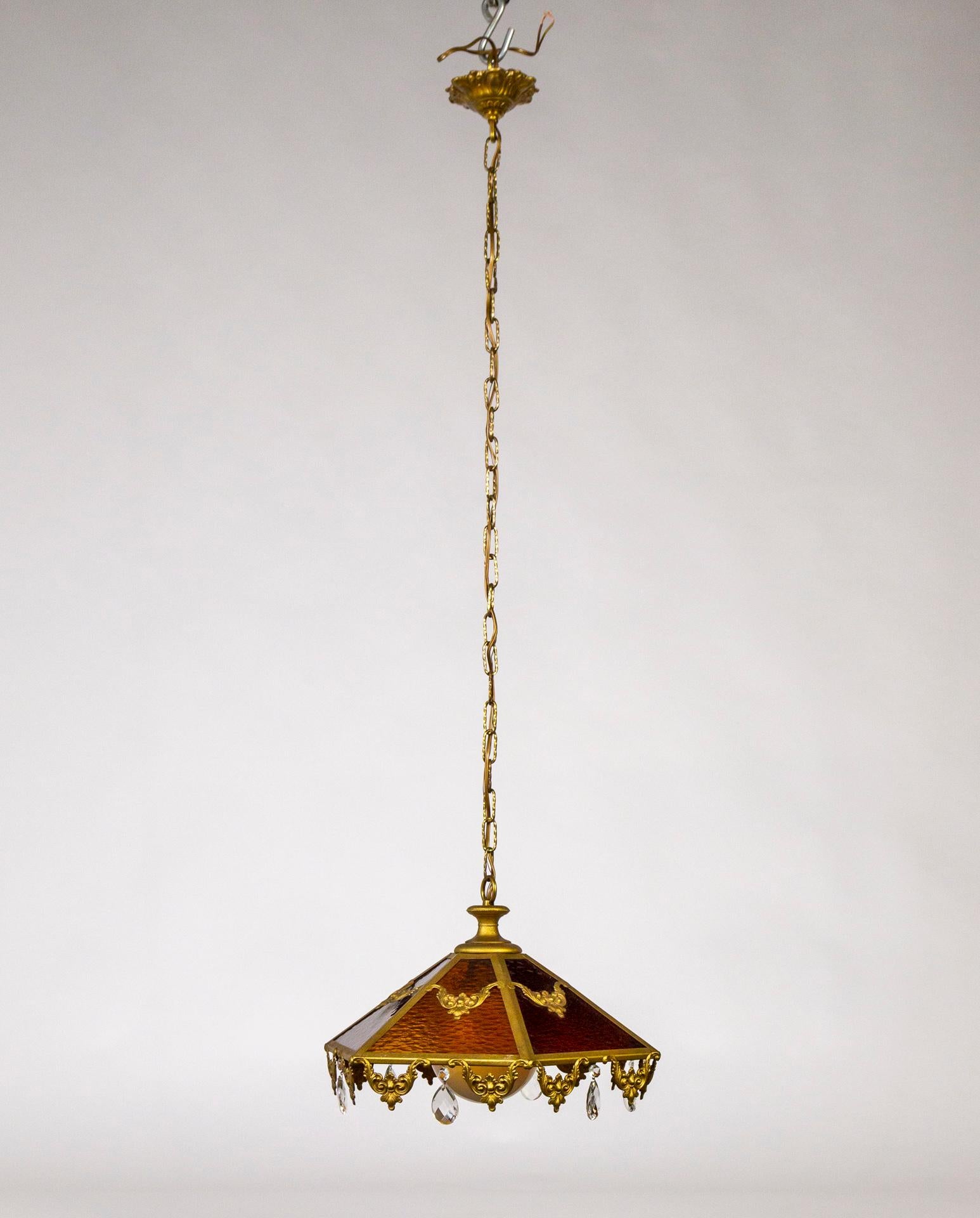 Paneled Amber Glass Pendant Light w/ Crystal Accents For Sale 3