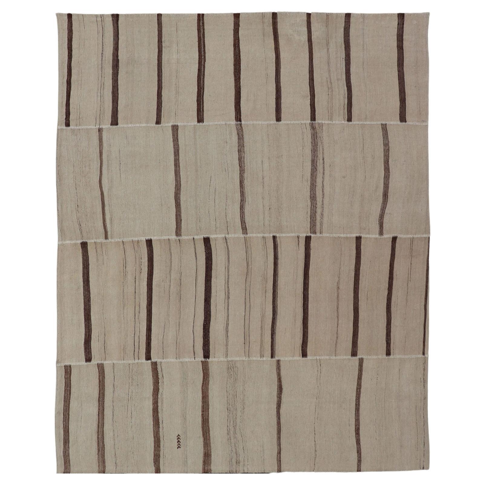 Paneled Vintage Turkish Flat-Weave in Neutral Tones of Cream & Brown 8'8 x 11'8