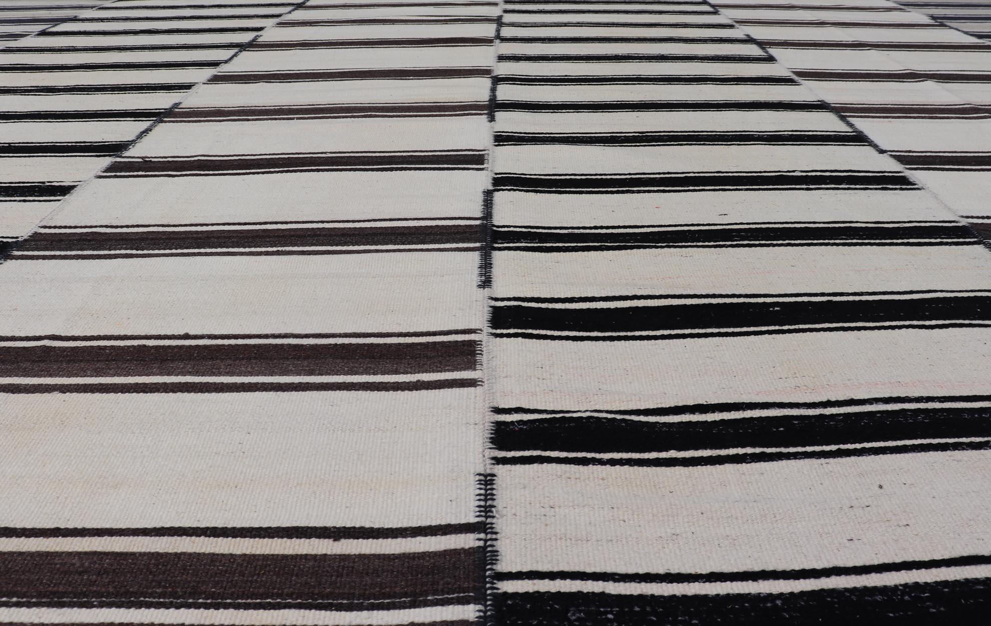  Paneled Vintage Turkish Stripe Kilim in Off White, Black,  Brown & Dark Blue  For Sale 4