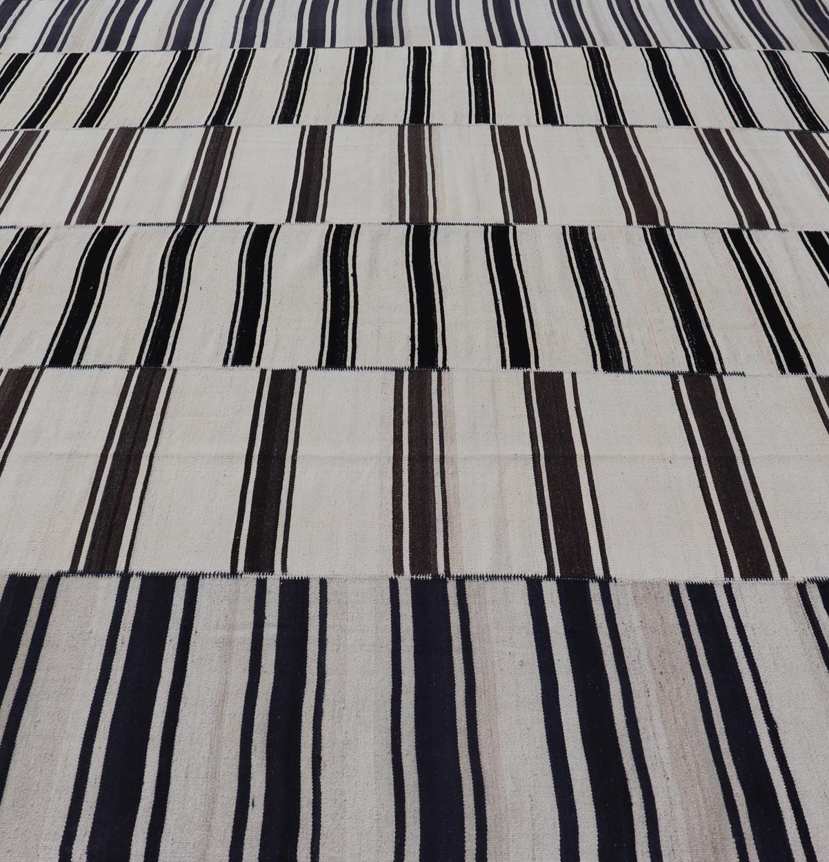  Paneled Vintage Turkish Stripe Kilim in Off White, Black,  Brown & Dark Blue  For Sale 5