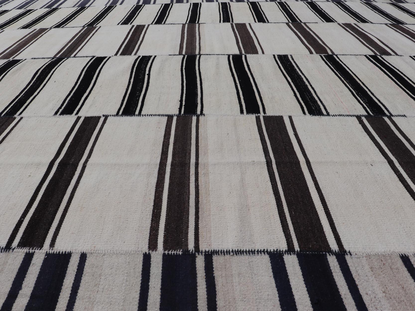  Paneled Vintage Turkish Stripe Kilim in Off White, Black,  Brown & Dark Blue  For Sale 6