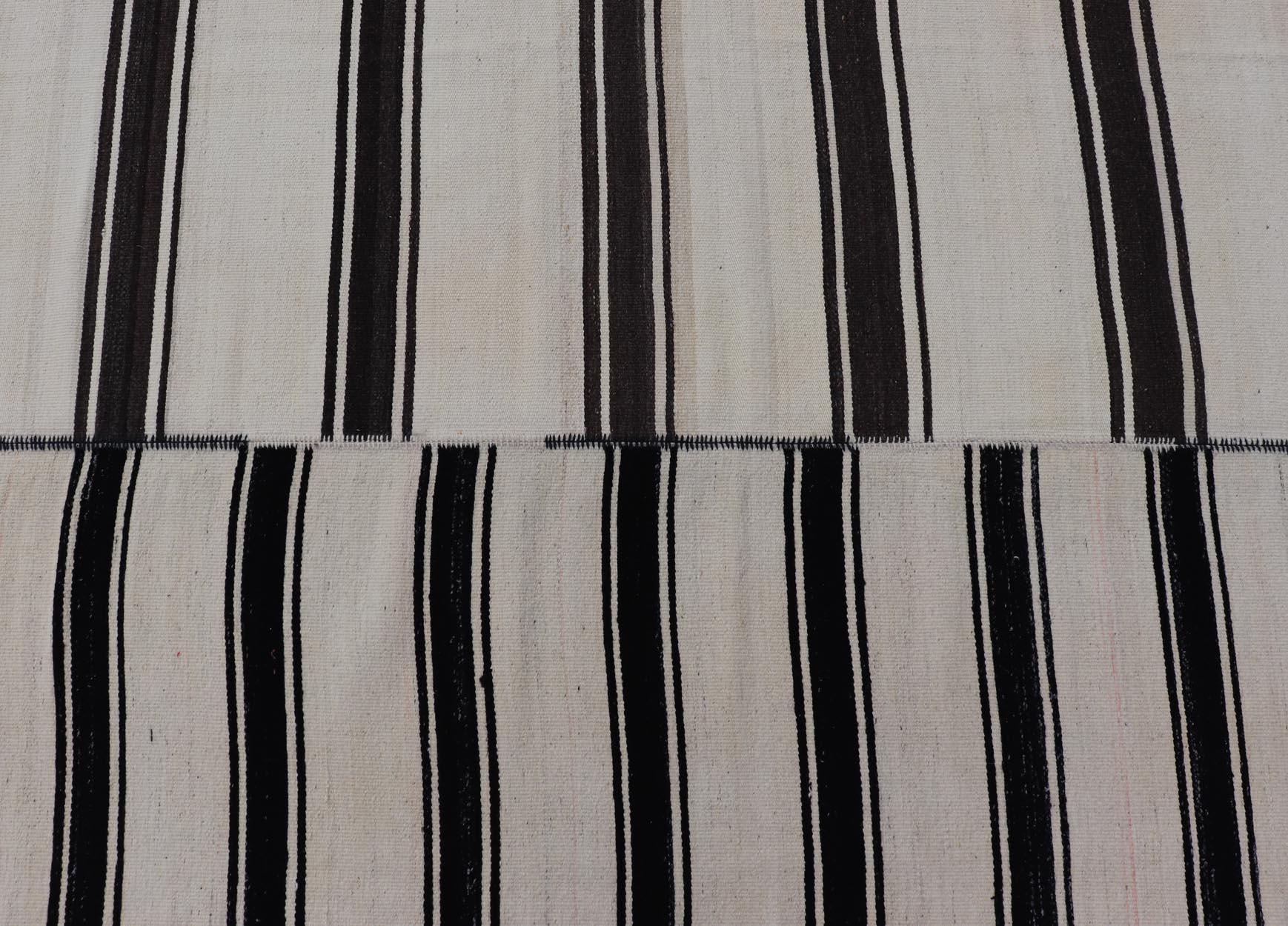  Paneled Vintage Turkish Stripe Kilim in Off White, Black,  Brown & Dark Blue  For Sale 7