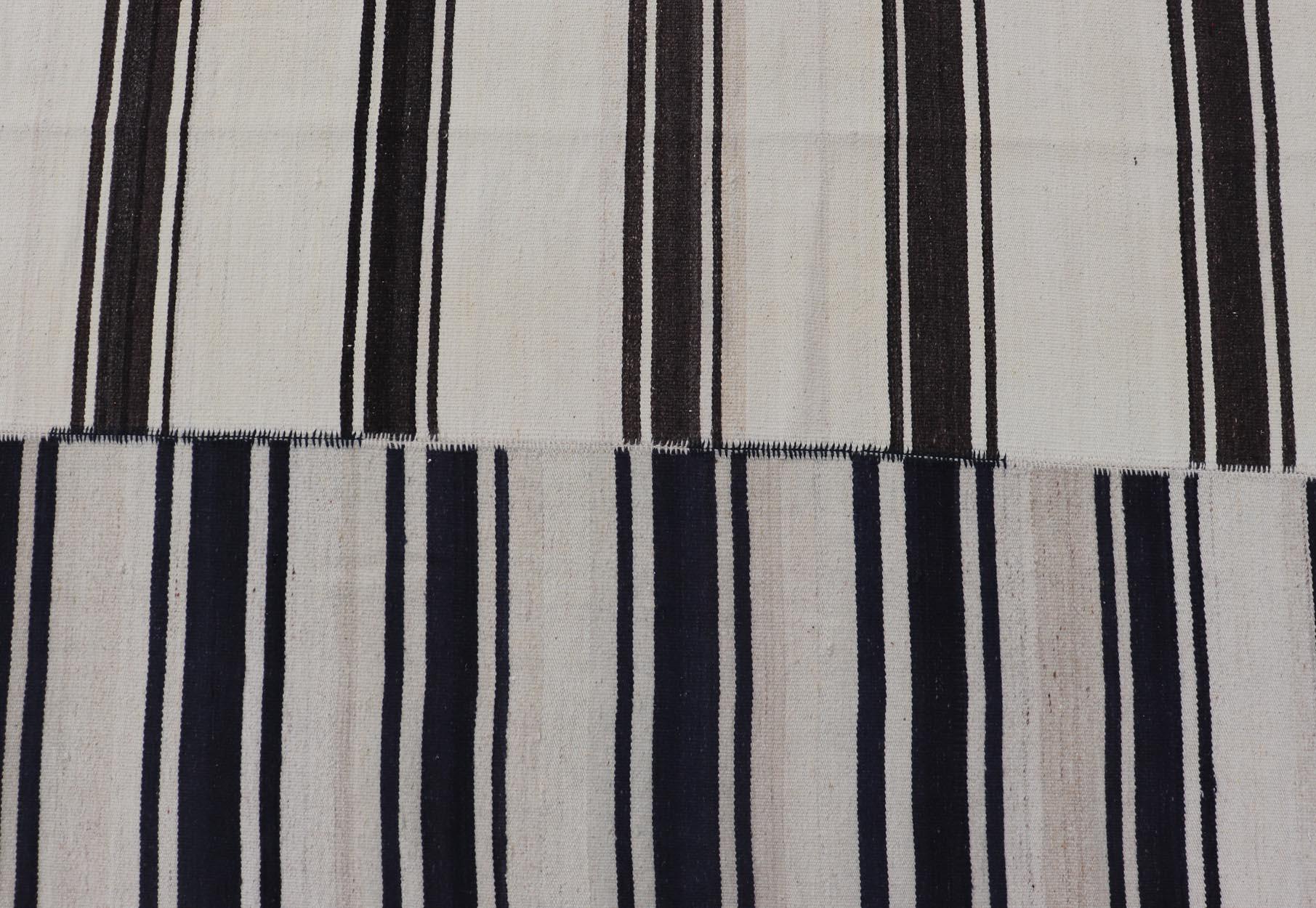 Paneled Vintage Turkish Stripe Kilim in Off White, Black,  Brown & Dark Blue  For Sale 8