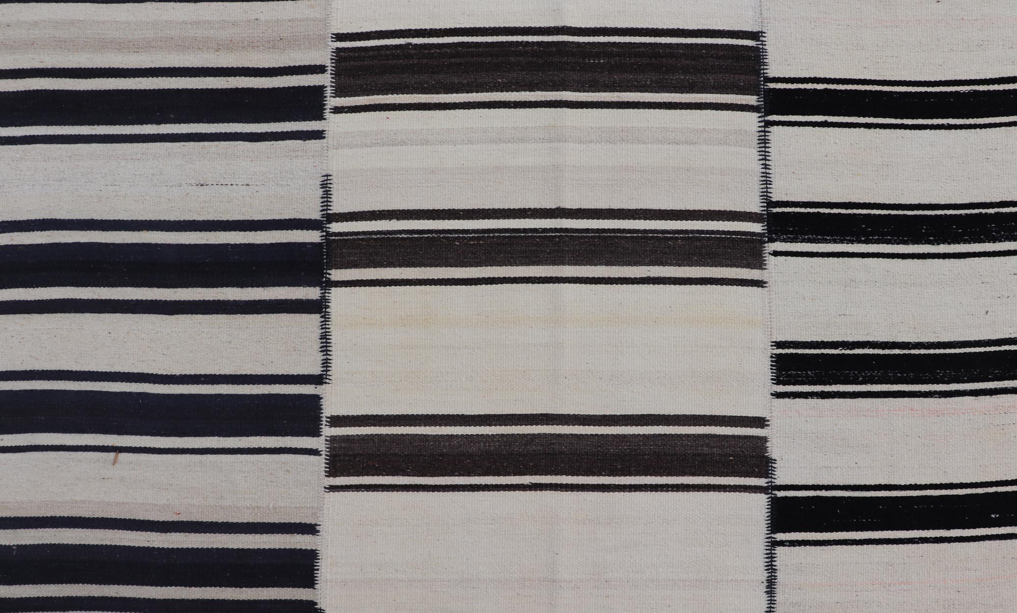  Paneled Vintage Turkish Stripe Kilim in Off White, Black,  Brown & Dark Blue  For Sale 9