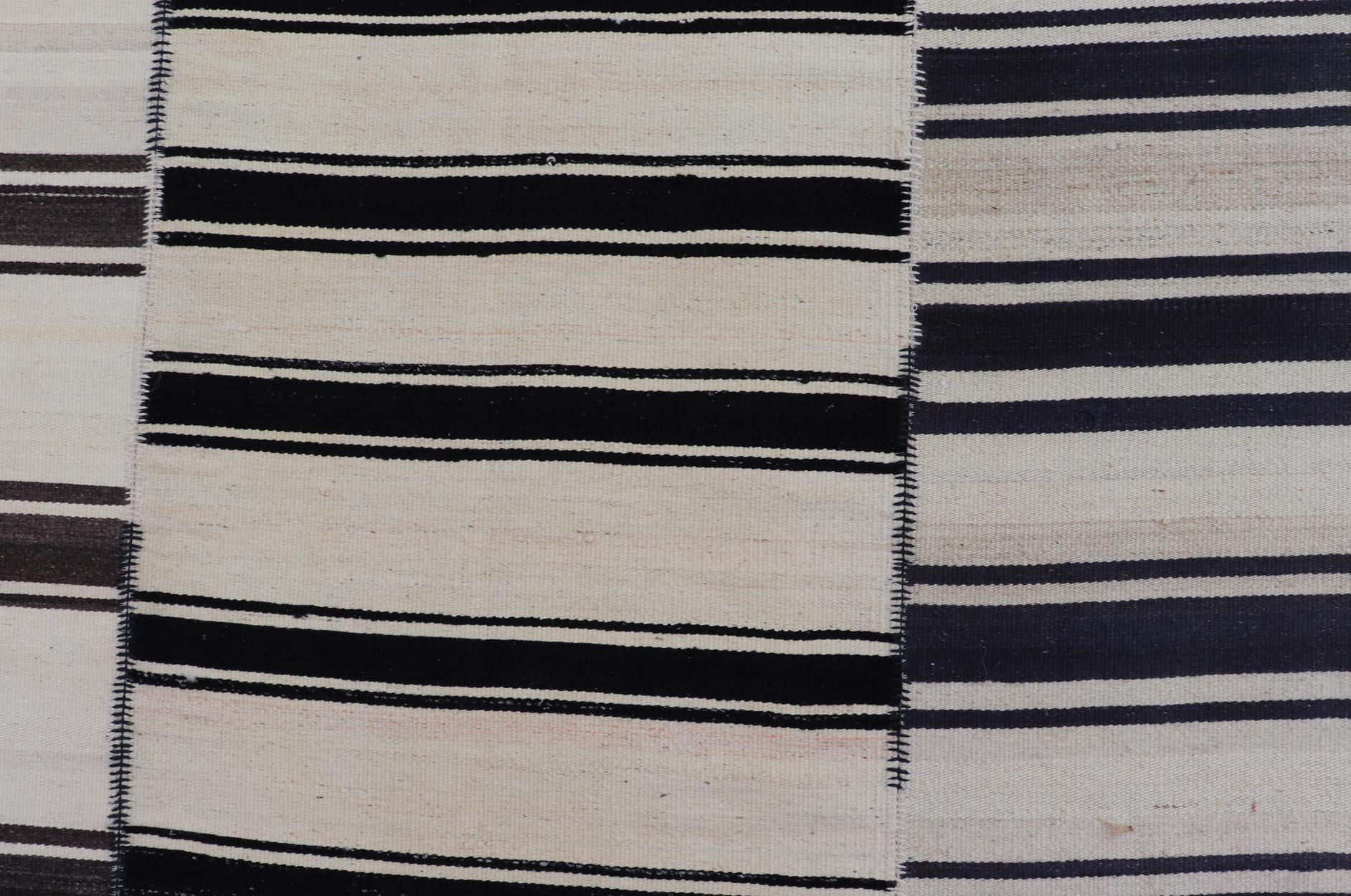  Paneled Vintage Turkish Stripe Kilim in Off White, Black,  Brown & Dark Blue  For Sale 10