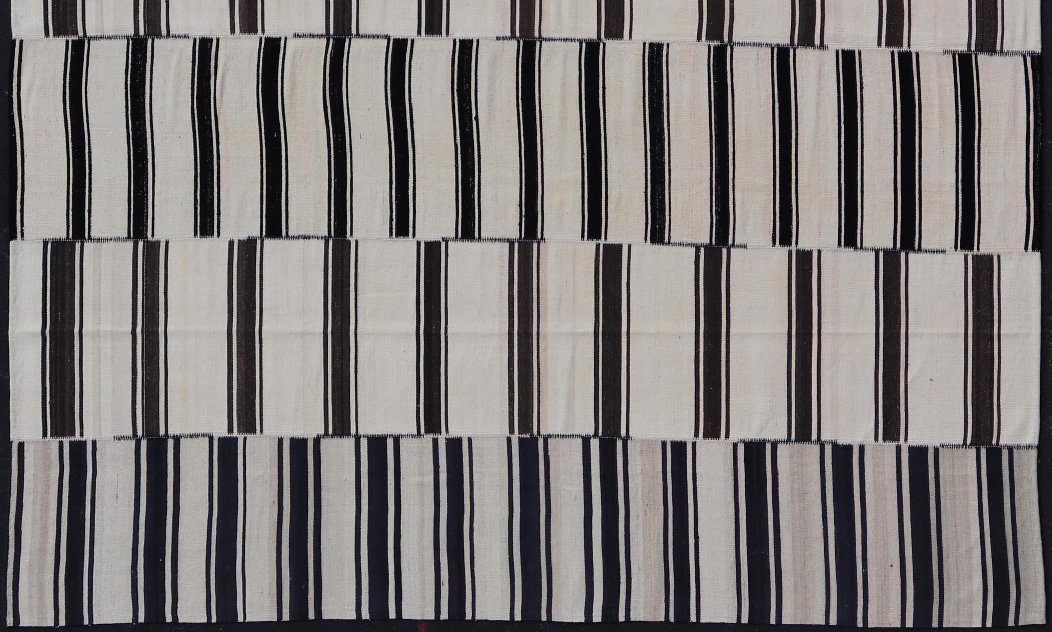 Hand-Woven  Paneled Vintage Turkish Stripe Kilim in Off White, Black,  Brown & Dark Blue  For Sale