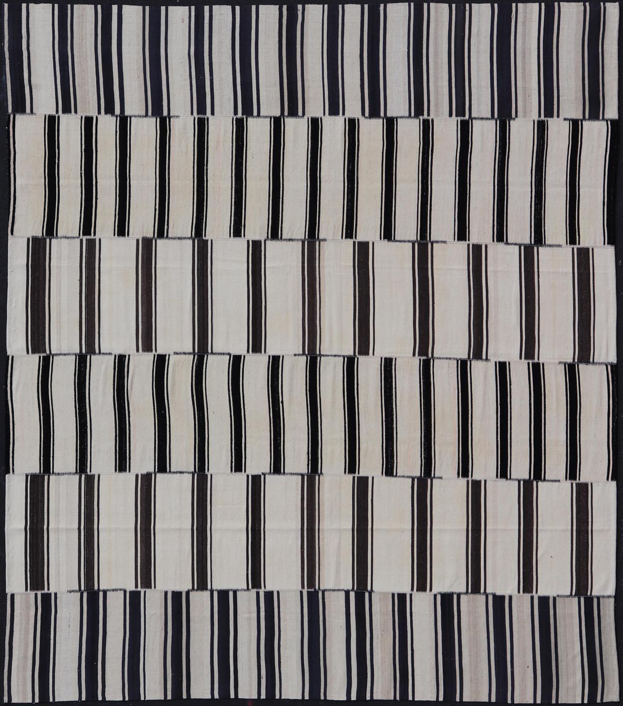  Paneled Vintage Turkish Stripe Kilim in Off White, Black,  Brown & Dark Blue  In Excellent Condition For Sale In Atlanta, GA