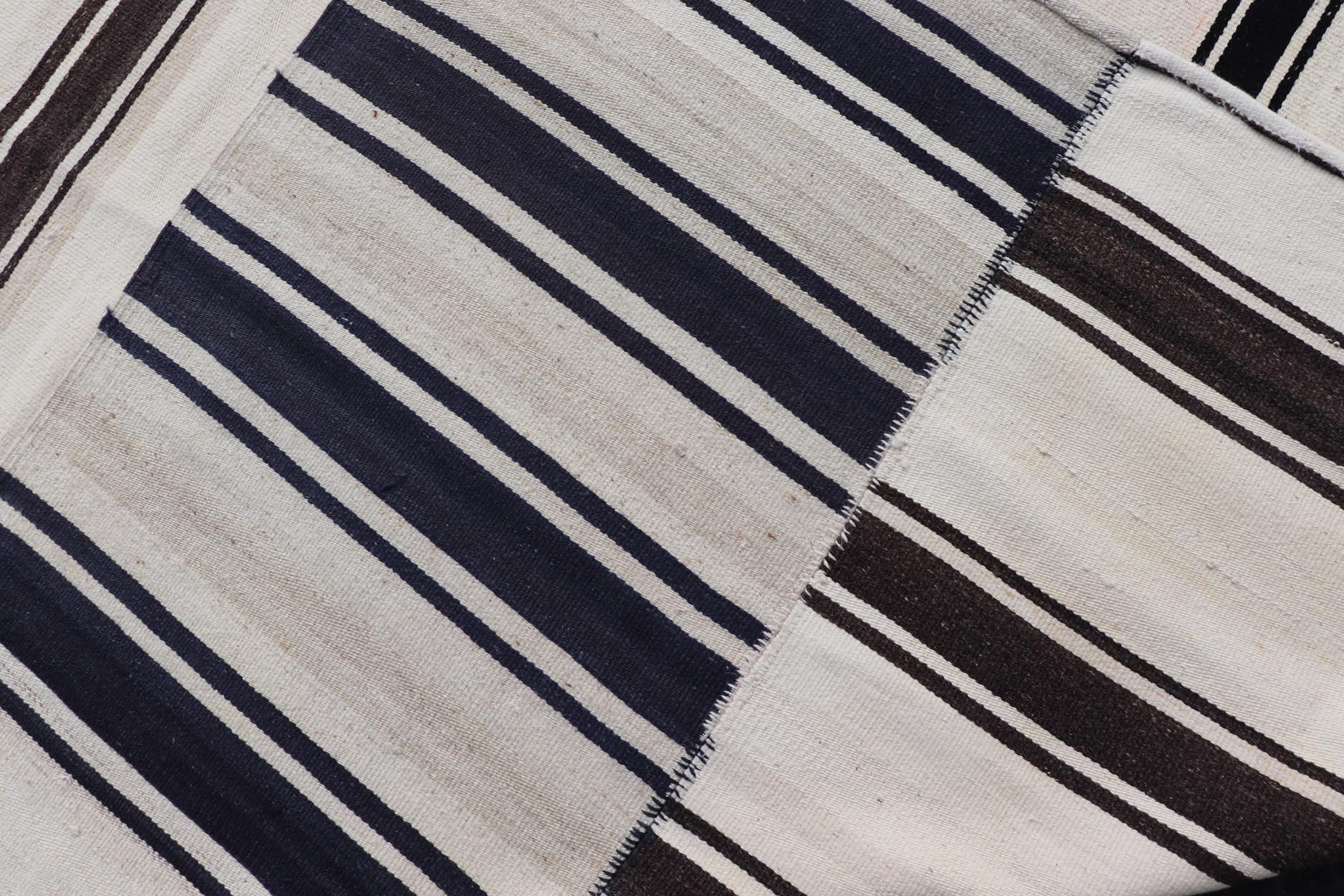 20th Century  Paneled Vintage Turkish Stripe Kilim in Off White, Black,  Brown & Dark Blue  For Sale