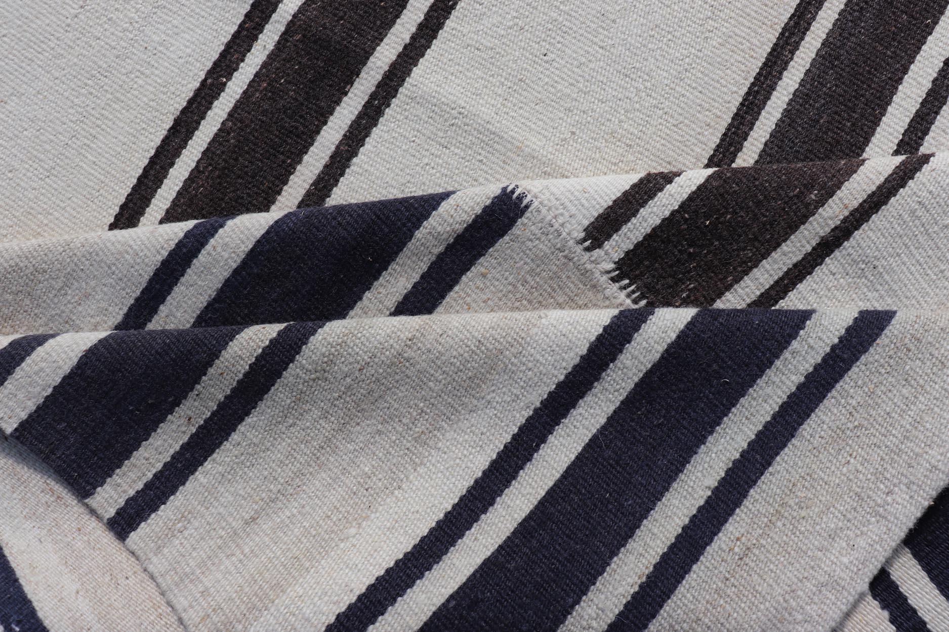 Wool  Paneled Vintage Turkish Stripe Kilim in Off White, Black,  Brown & Dark Blue  For Sale