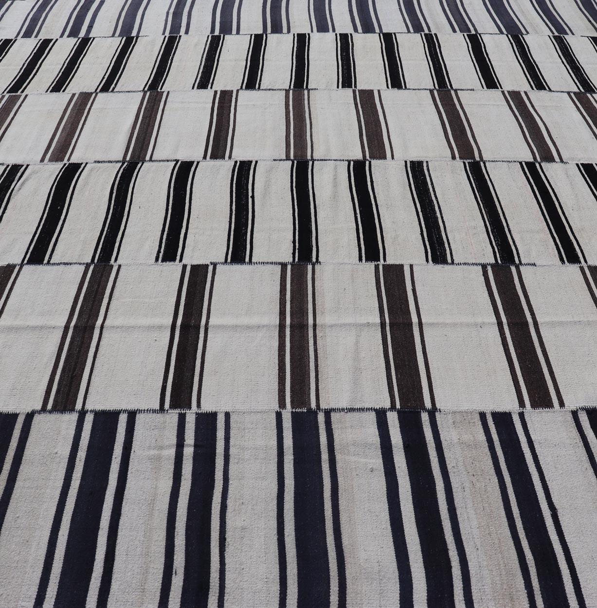  Paneled Vintage Turkish Stripe Kilim in Off White, Black,  Brown & Dark Blue  For Sale 2