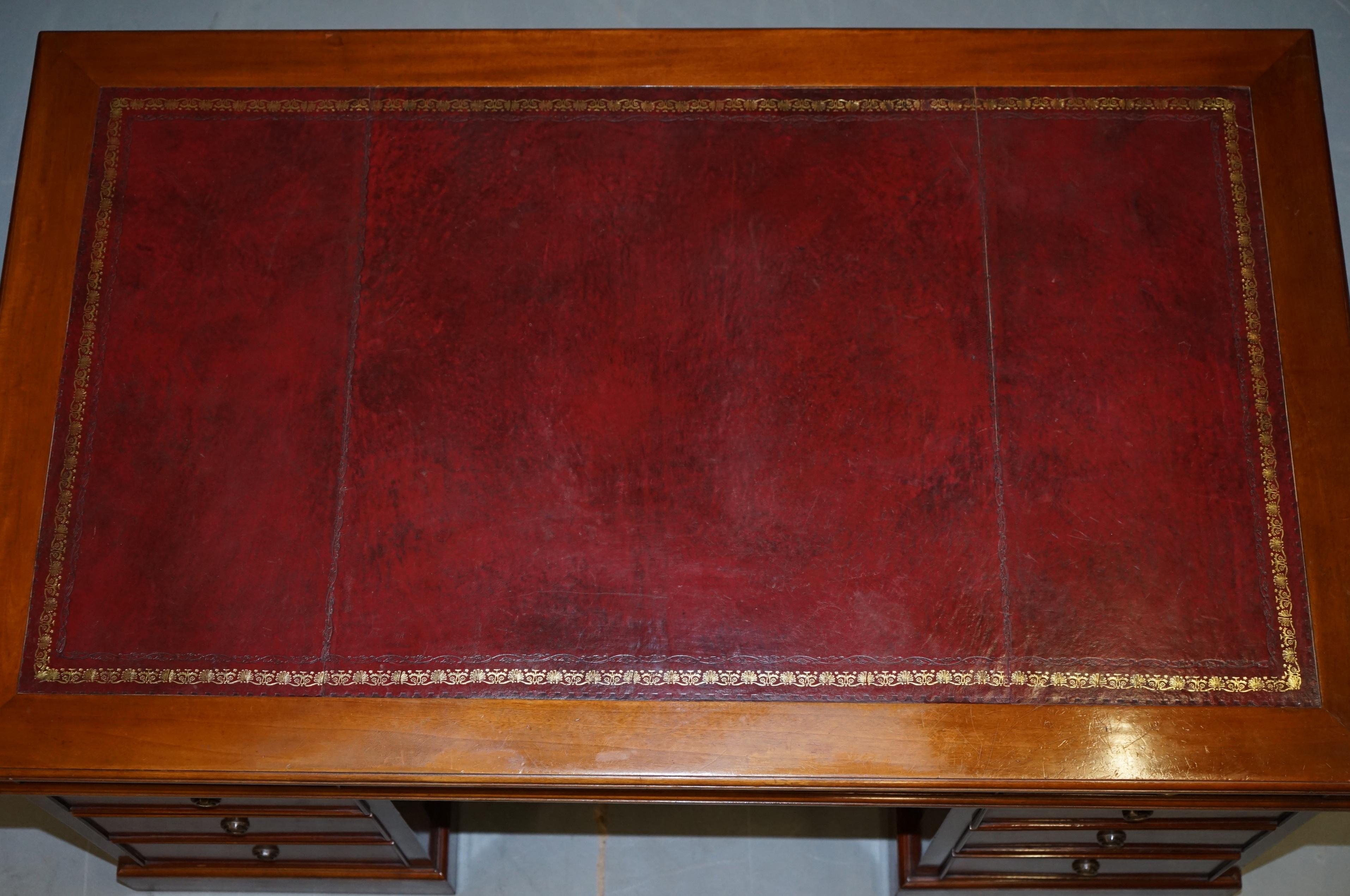 Panelled Cherry Wood Twin Pedestal Partner Desk Oxblood Leather Writing Surface 6