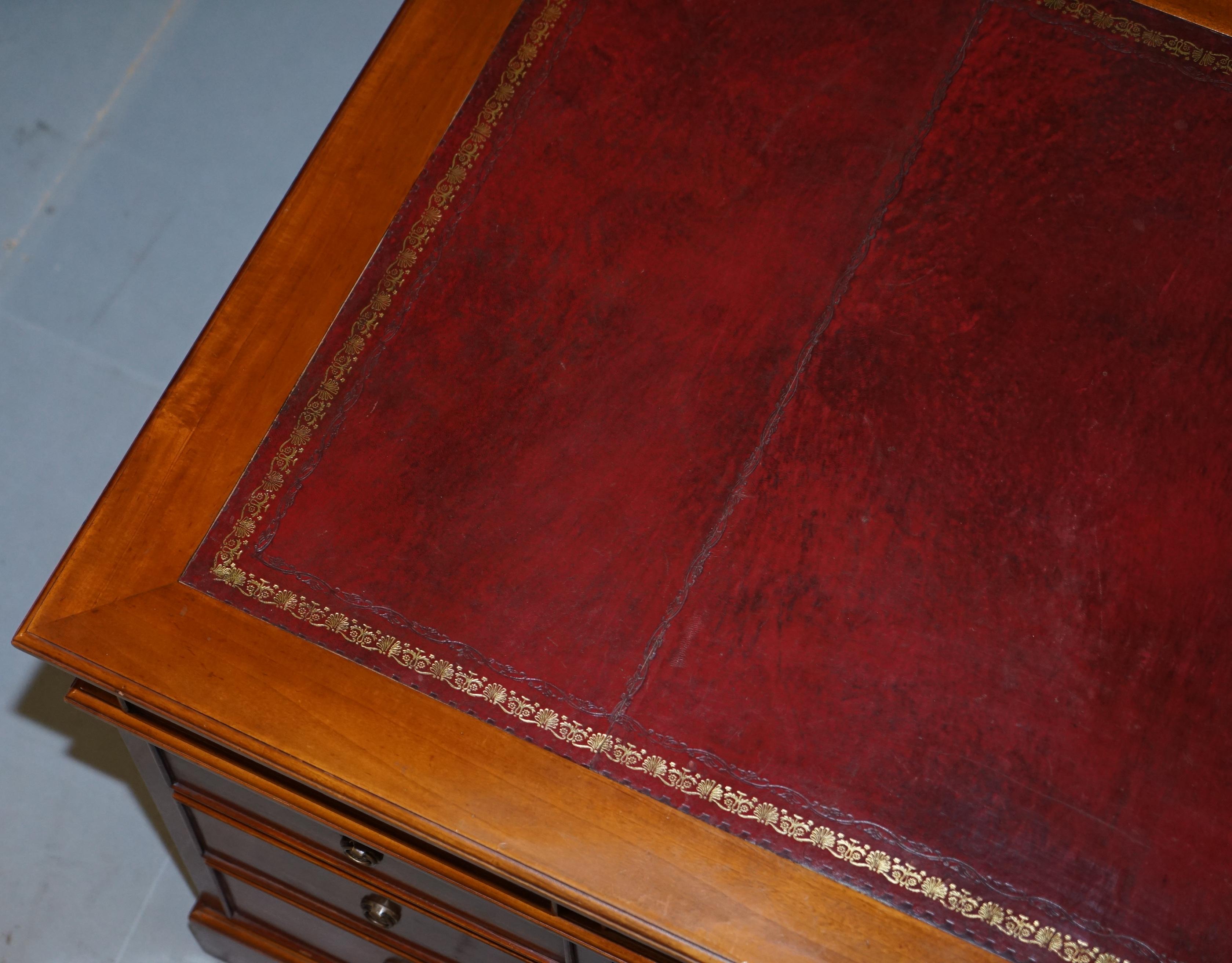 Panelled Cherry Wood Twin Pedestal Partner Desk Oxblood Leather Writing Surface 8