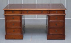 Panelled Cherry Wood Twin Pedestal Partner Desk Oxblood Leather Writing Surface