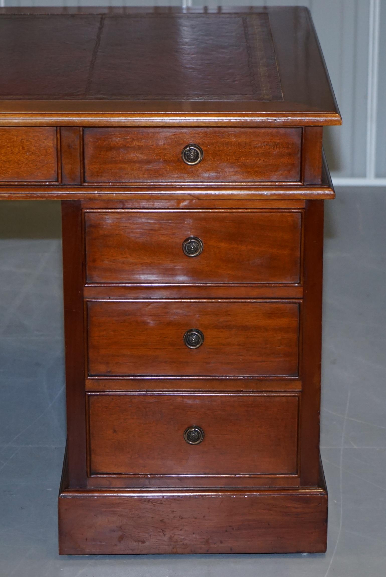 20th Century Panelled Cherry Wood Twin Pedestal Partner Desk Oxblood Leather Writing Surface