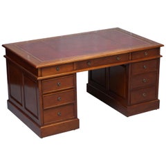 Panelled Cherry Wood Twin Pedestal Partner Desk Oxblood Leather Writing Surface