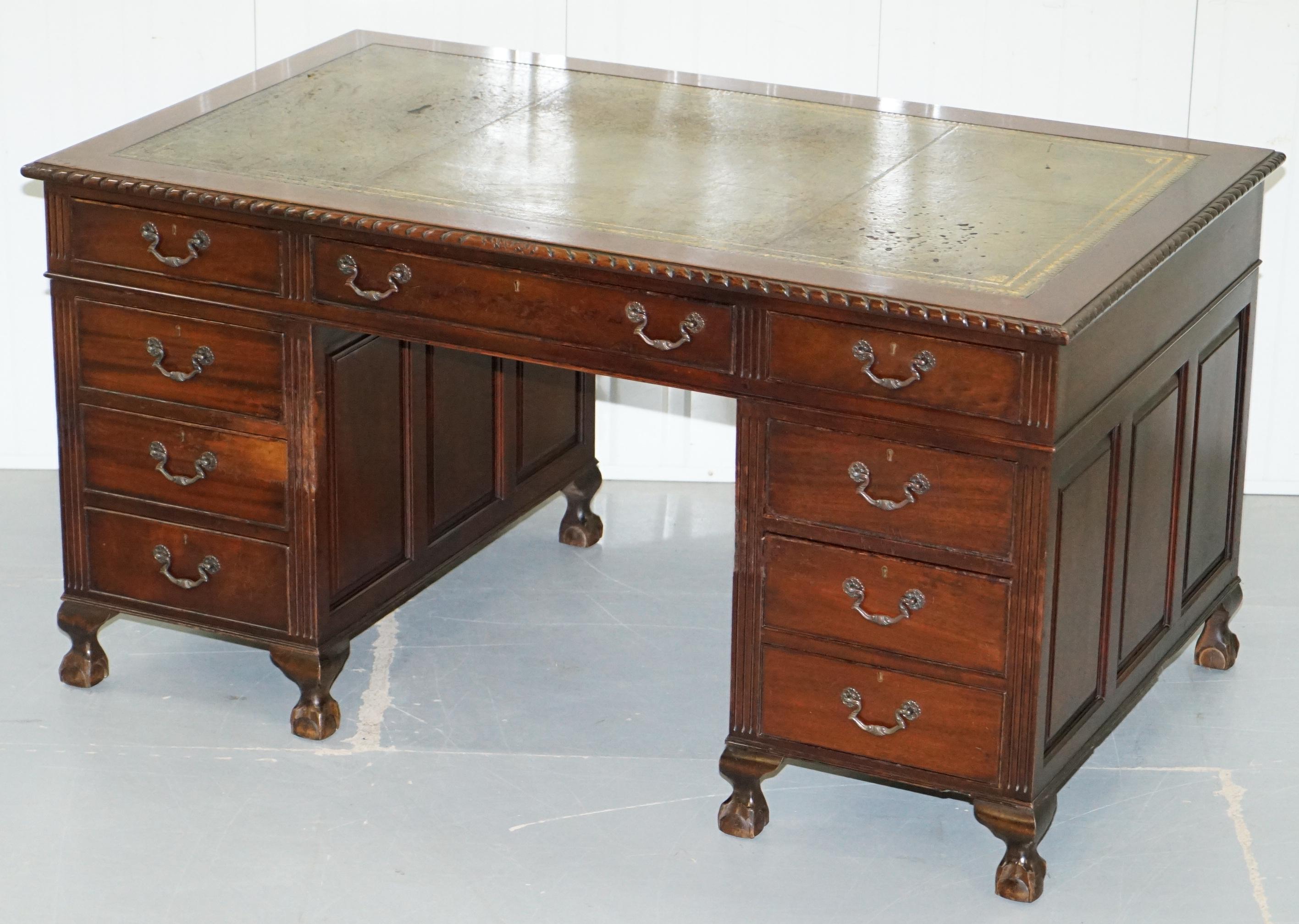 Chippendale Panelled Mahogany Twin Pedestal Partner Desk Claw and Ball Feet Green Leather