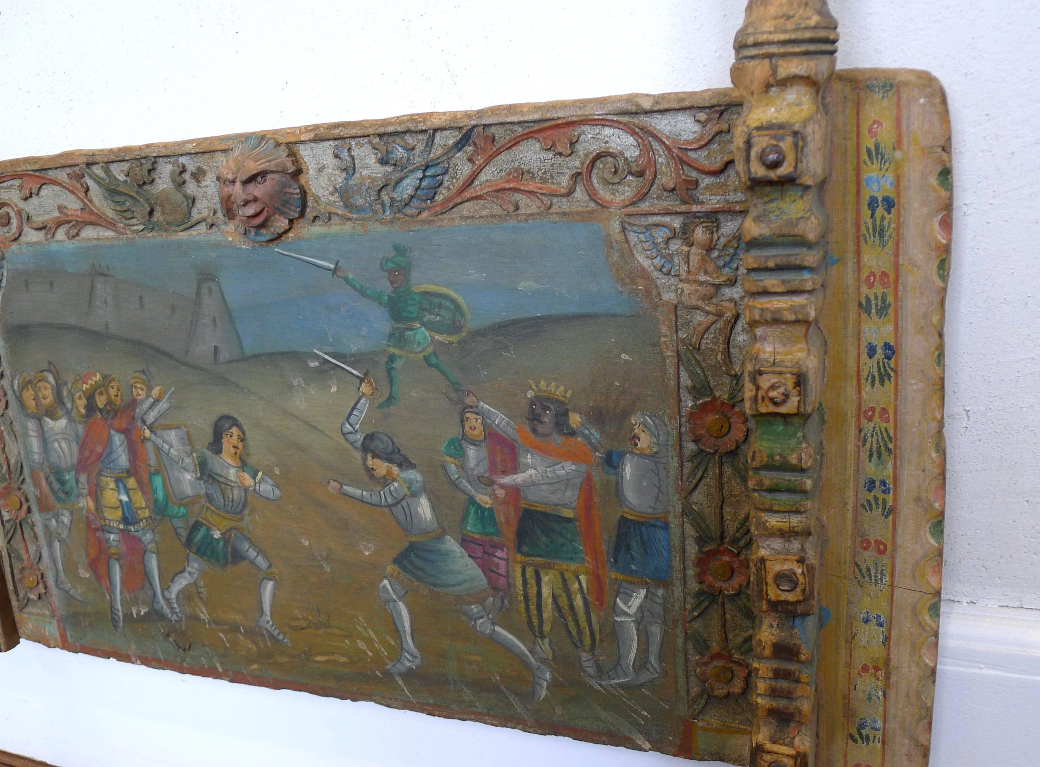 Impressive five-panels set of cart polychromatiques. 
Finely carved and painted details, representing Rolando Furioso's legend, a famous Chivalrous poem of the 15th century.
Walnut.