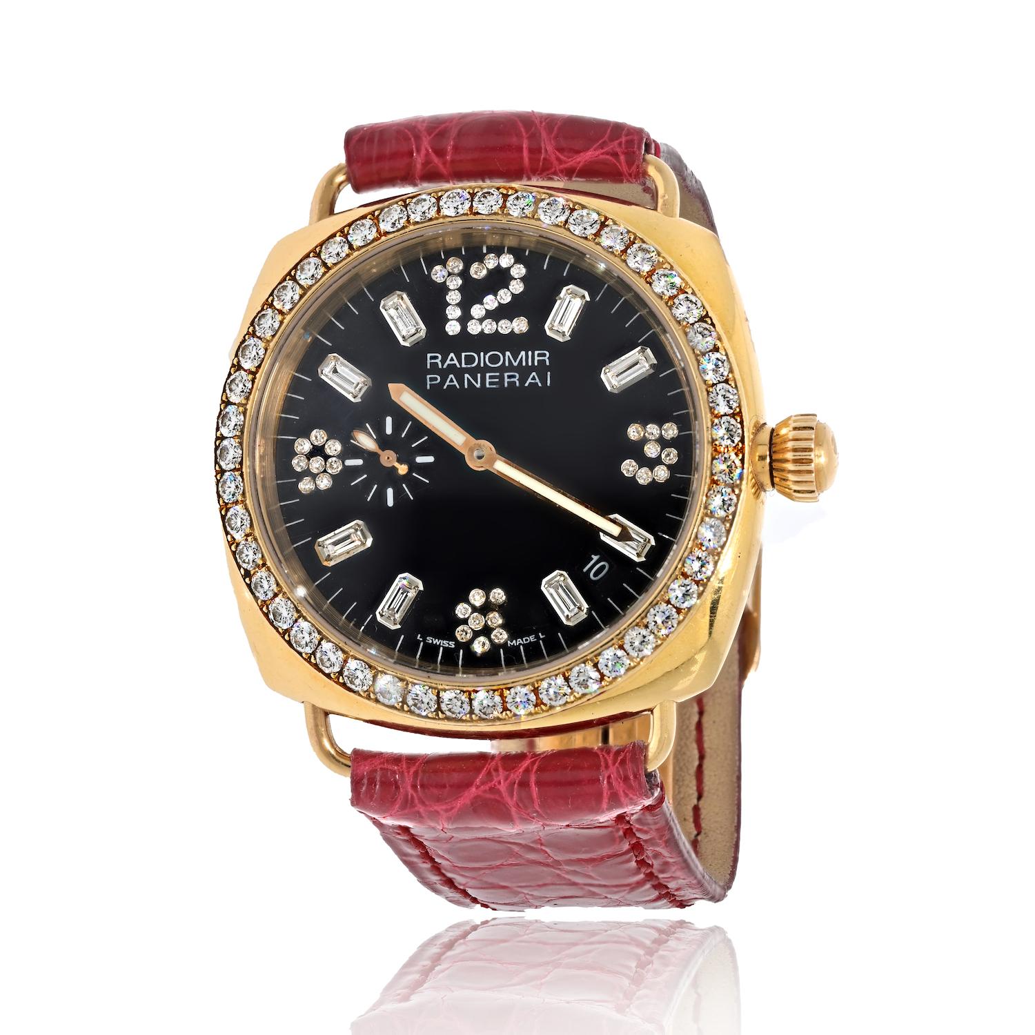 Indulge in the luxurious allure of the Panerai 18K Yellow Gold Luminor Radiomir Diamond Ladies Watch, a dazzling timepiece that epitomizes elegance and sophistication. This exquisite watch features a stunning 40mm case adorned with brilliant diamond