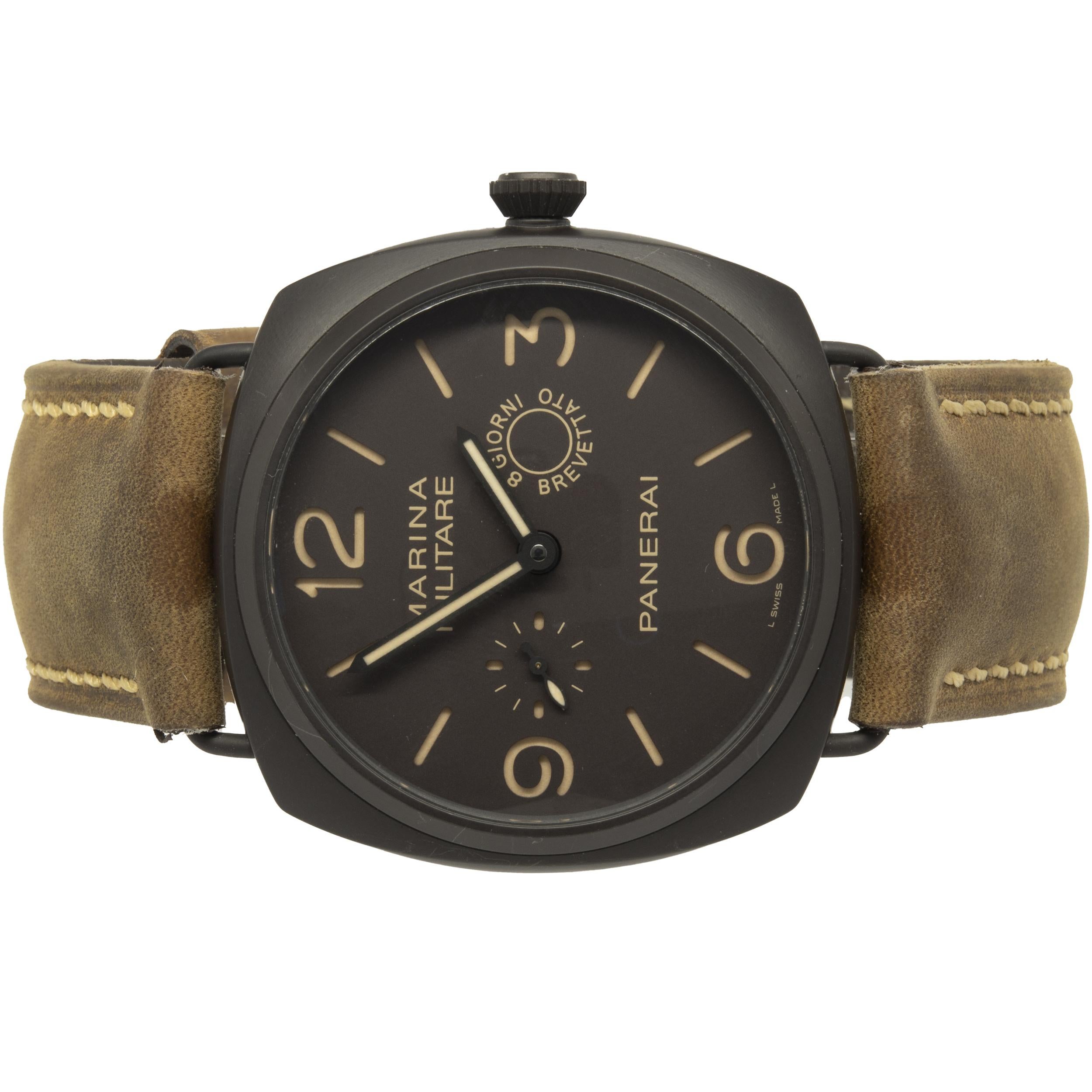 Movement: manual
Function: hour, minute, small seconds, 8 day power reserve
Case: 47mm black ceramic case, sapphire crystal, smooth bezel, push-pull crown
Band: brown leather strap,  black ceramic buckle
Dial: tobacco dial, Arabic/stick
Reference: