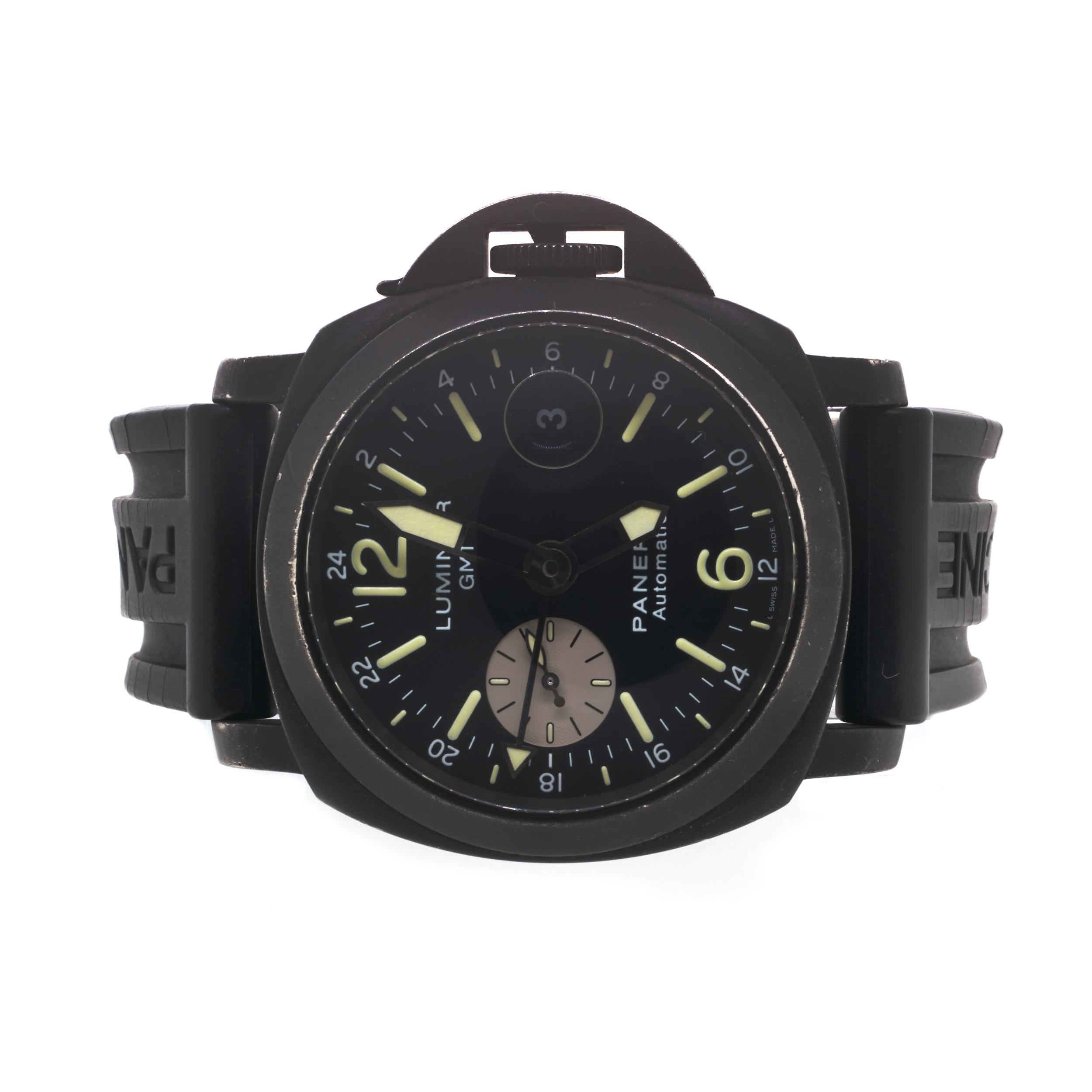 Movement: automatic
Function: Hours, minutes, seconds, date
Case: 44mm black stainless steel case, sapphire crystal, smooth bezel, push-pull crown
Band: Panerai black rubber strap with deployment clasp
Dial: black index/Arabic GMT dial
Reference: