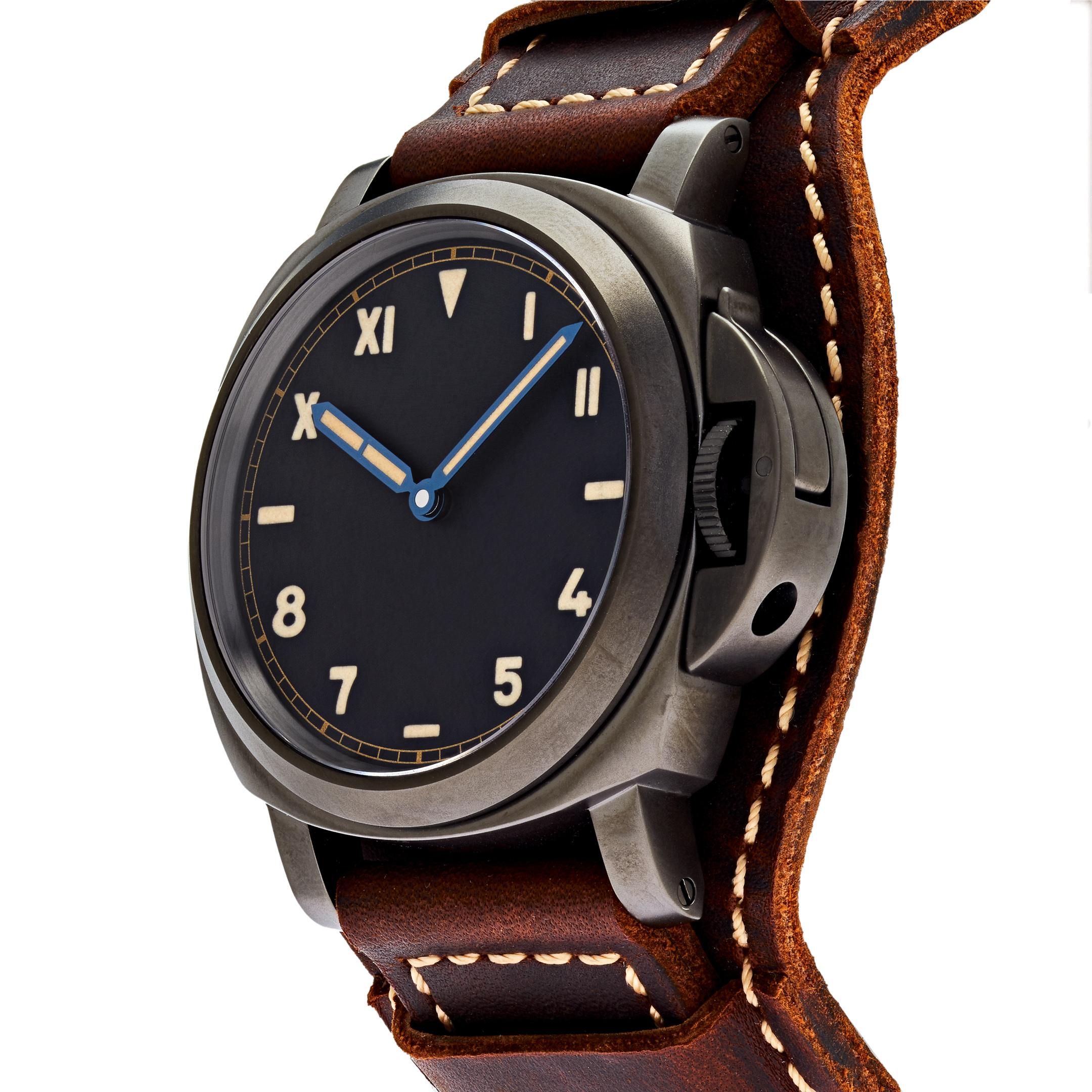 This Panerai Luminor California 8 Days is crafted in a titanium DLC case measuring 44mm. The black dial features luminous Arabic and Roman numerals and hour markers. The watch comes on a brown natural leather strap.

Reference Number	PAM00779
