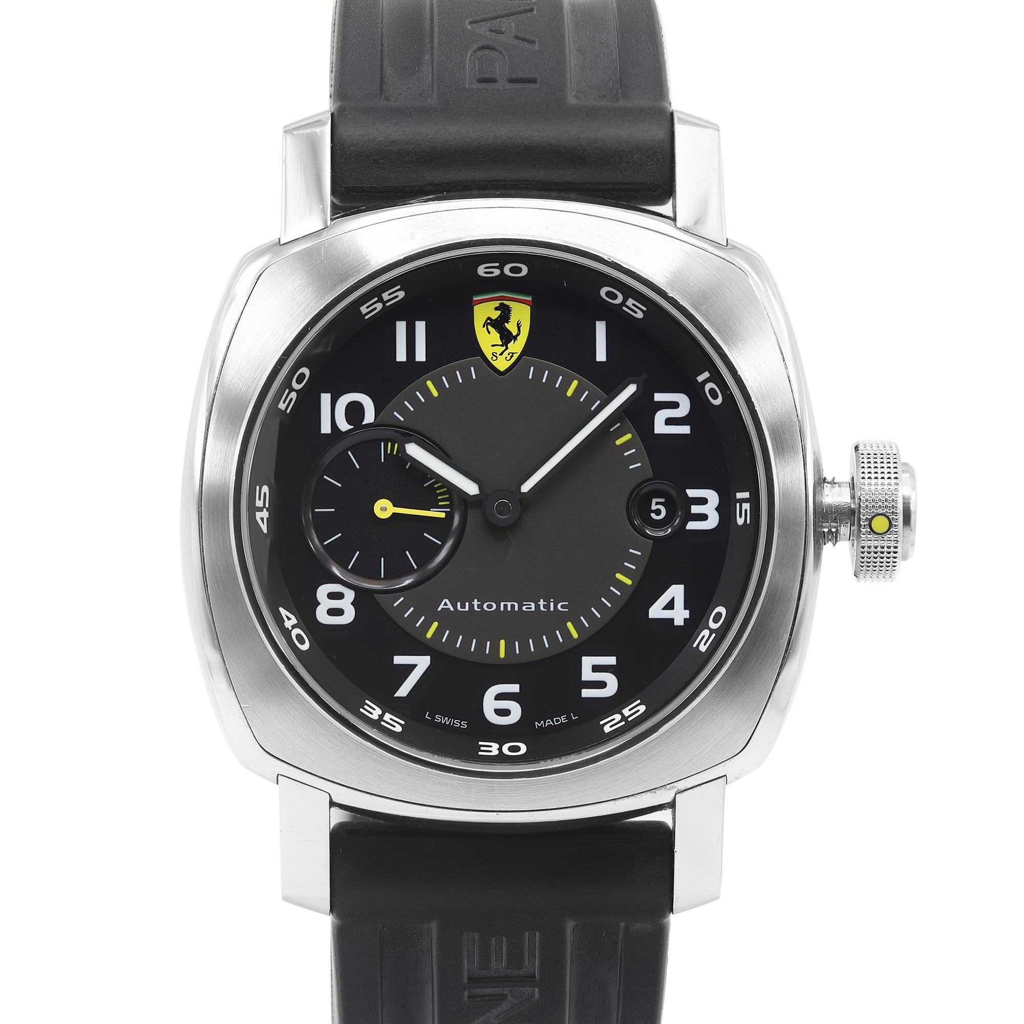Pre-owned Panerai Ferrari Gran Turismo 45mm Steel Black Dial Automatic Men's Watch F6654.  It comes with an original extra Ferrari Rubber band for Deployment buckle but no buckle is included. Watch has attached the original Panerai band and buckle.