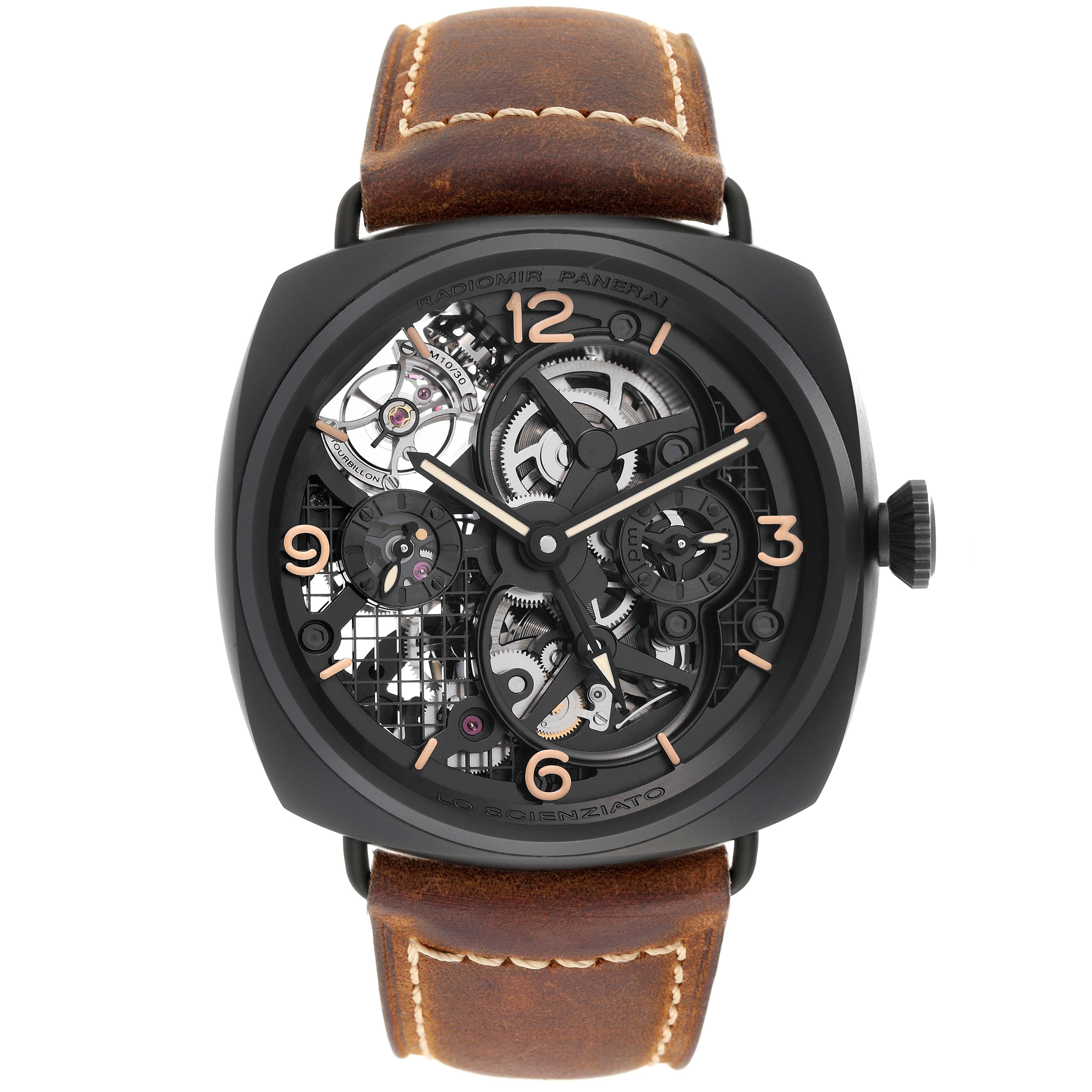 Panerai Lo Scienziato Radiomir Tourbillon Ceramic Mens Watch PAM00348 Box Papers. Manual-winding movement. Ceramic case 48mm in diameter.  Panerai patented removable steel wire loop strap attachments with hard black coating. Transparent exhibition