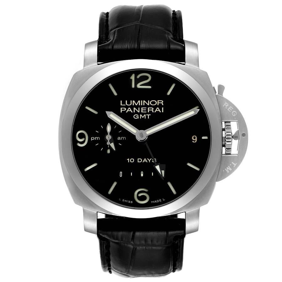 Panerai Luminor 1950 10 Days GMT Steel Mens Watch PAM00270 Box Papers. Automatic self-winding movement. Two part cushion shaped stainless steel case 44.0 mm in diameter. Panerai patented crown protector. Transparrent exhibition sapphire crystal case