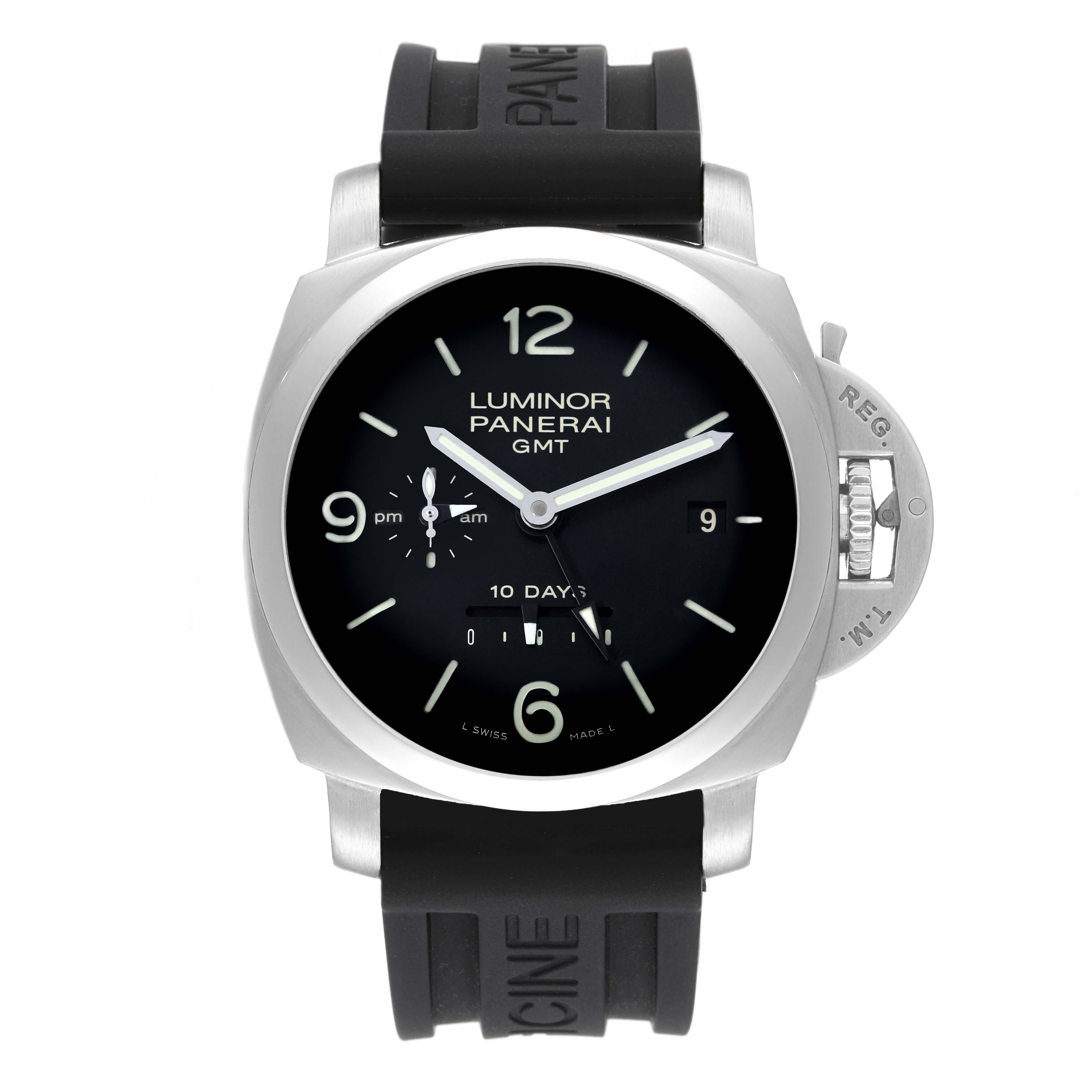 Panerai Luminor 1950 10 Days GMT Steel Mens Watch PAM00270. Automatic self-winding movement. Two part cushion shaped stainless steel case 44.0 mm in diameter. Panerai patented crown protector. Transparent exhibition sapphire crystal caseback.