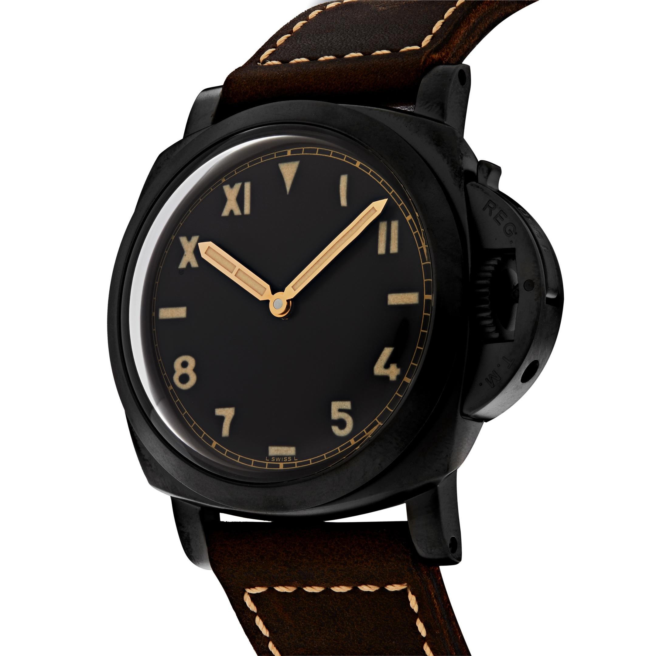 Panerai Luminor 1950 3-Days DLC (PAM00629) manual-wind watch, features a 47mm DLC coated titanium case surrounding a black California dial on a brown leather strap with a DLC titanium coated tang buckle. Functions include hours and minutes. This