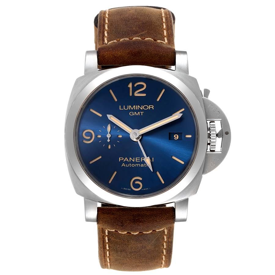 Panerai Luminor 1950 3 Days GMT 44mm Blue Dial Watch PAM01033 Box Papers. Automatic self-winding movement. Two part cushion shaped stainless steel case 44.0 mm in diameter. Exhibition transparent case back. Polished Panerai patented crown protector.