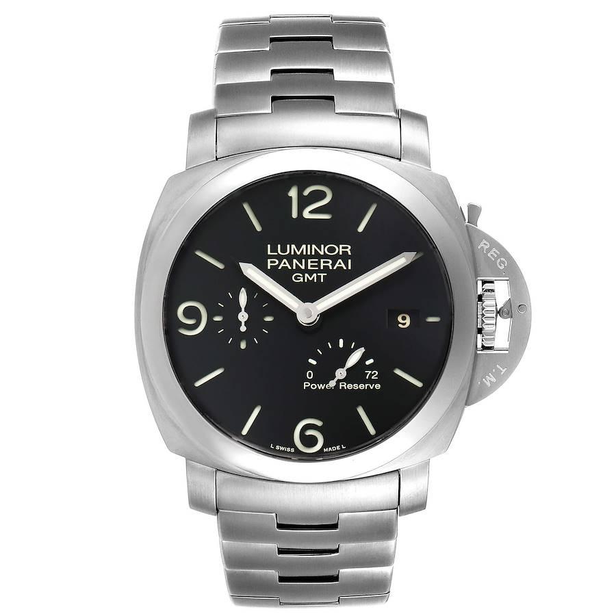Panerai Luminor 1950 3 Days GMT 44mm Mens Watch PAM00347 Box Papers. Automatic self-winding movement. Stainless steel cushion shaped case 44.0 mm in diameter. Panerai patented crown protector. Exhibition sceleton sapphire case back. Stainless steel