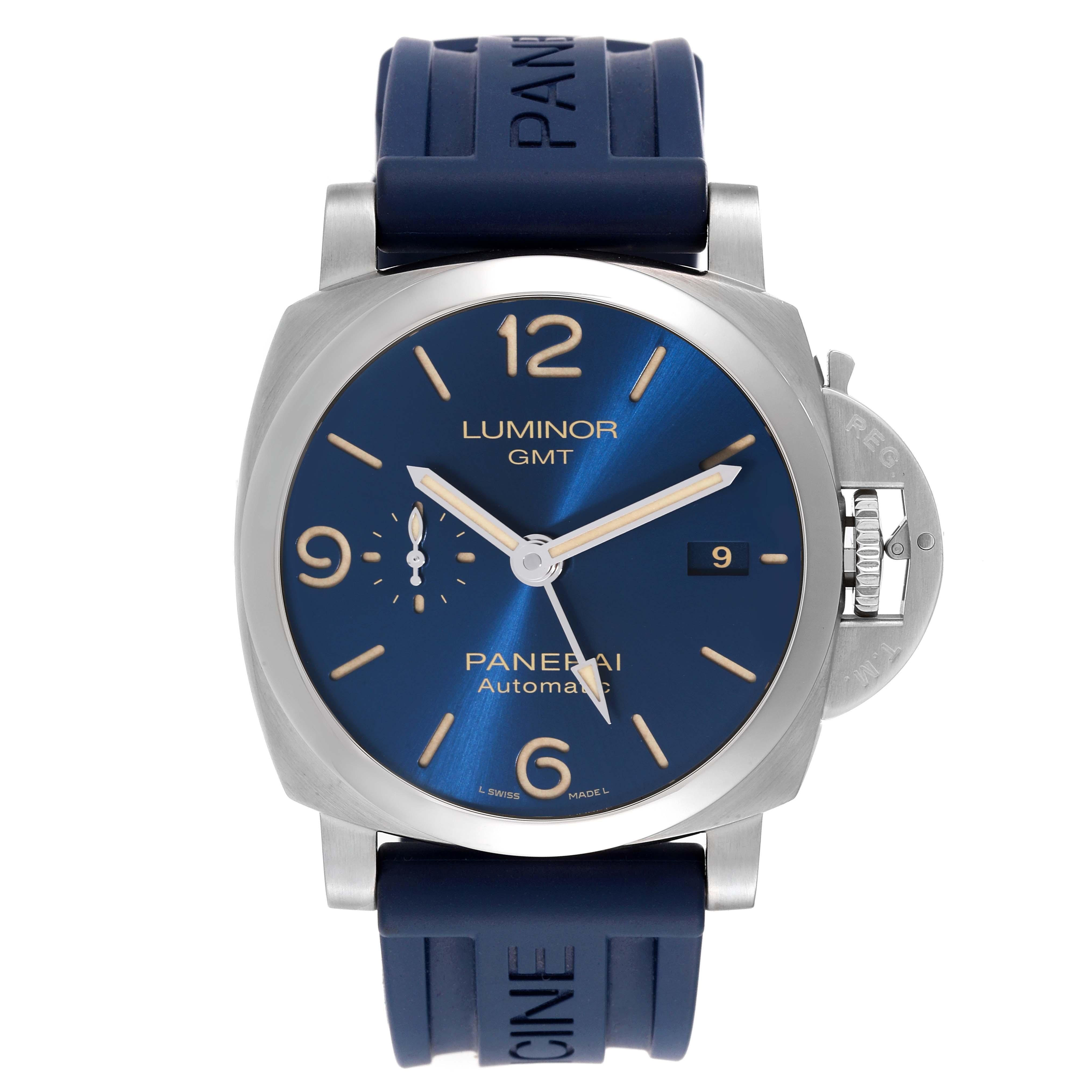 Panerai Luminor 1950 3 Days GMT Blue Dial Steel Mens Watch PAM01033 Box Card. Automatic self-winding movement. Two part cushion shaped stainless steel case 44.0 mm in diameter. Exhibition transparent sapphire crystal caseback. Polished Panerai