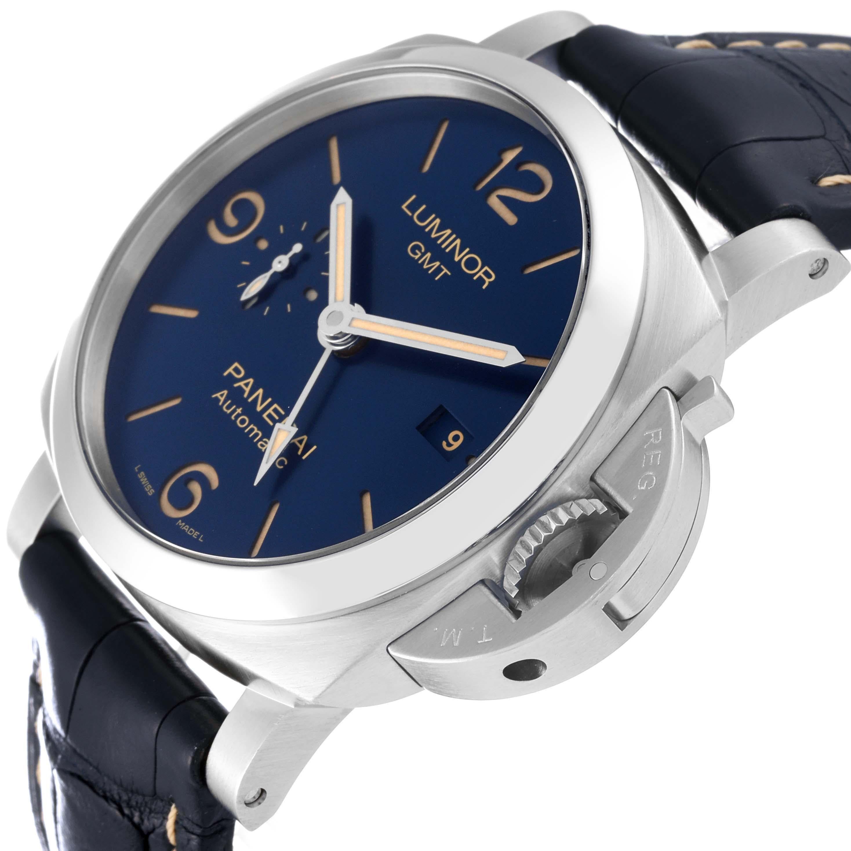 Panerai Luminor 1950 3 Days GMT Blue Dial Steel Mens Watch PAM01033 Box Papers. Automatic self-winding movement. Two part cushion shaped stainless steel case 44.0 mm in diameter. Exhibition transparent sapphire crystal caseback. Polished Panerai