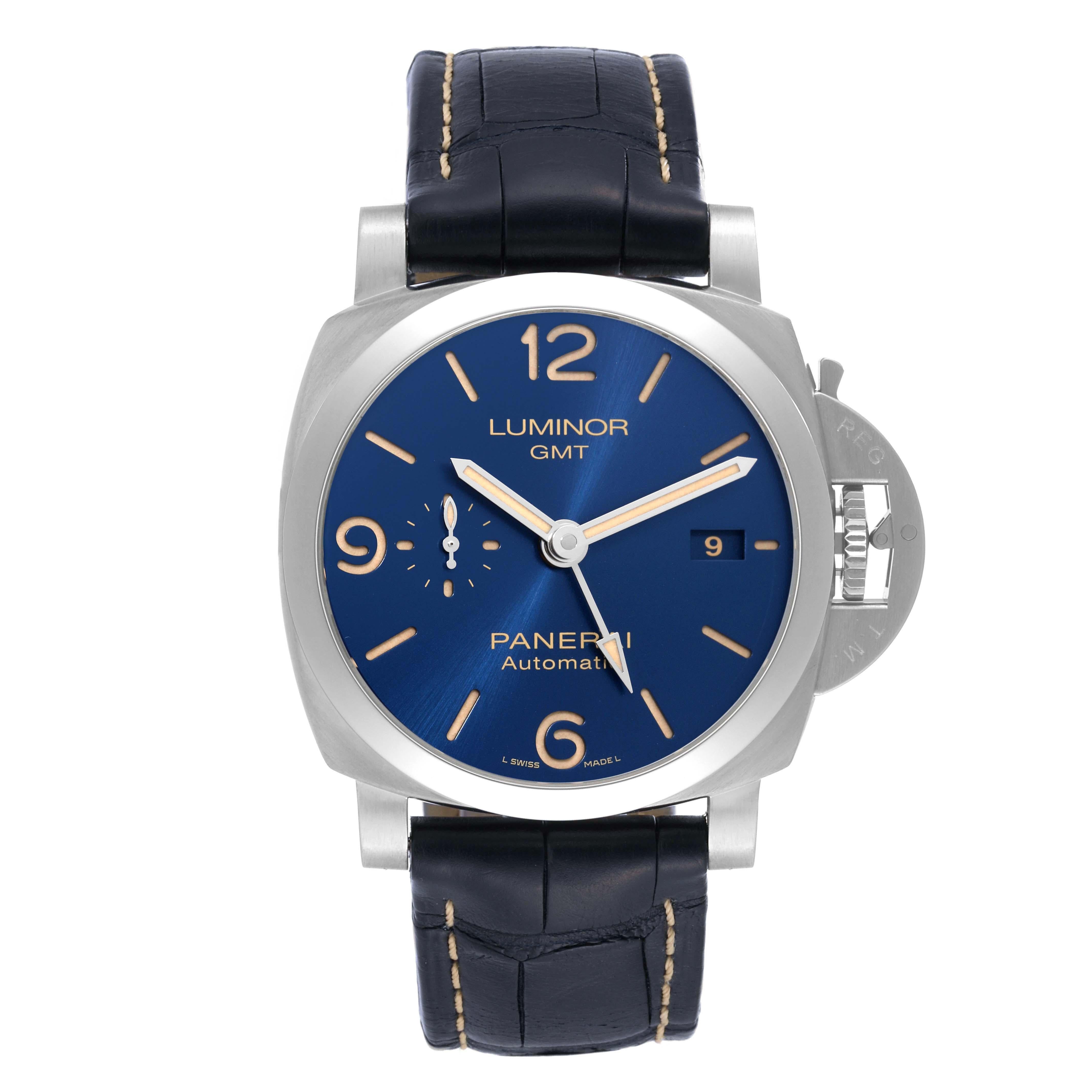 Panerai Luminor 1950 3 Days GMT Blue Dial Steel Mens Watch PAM01033 Box Papers In Excellent Condition For Sale In Atlanta, GA