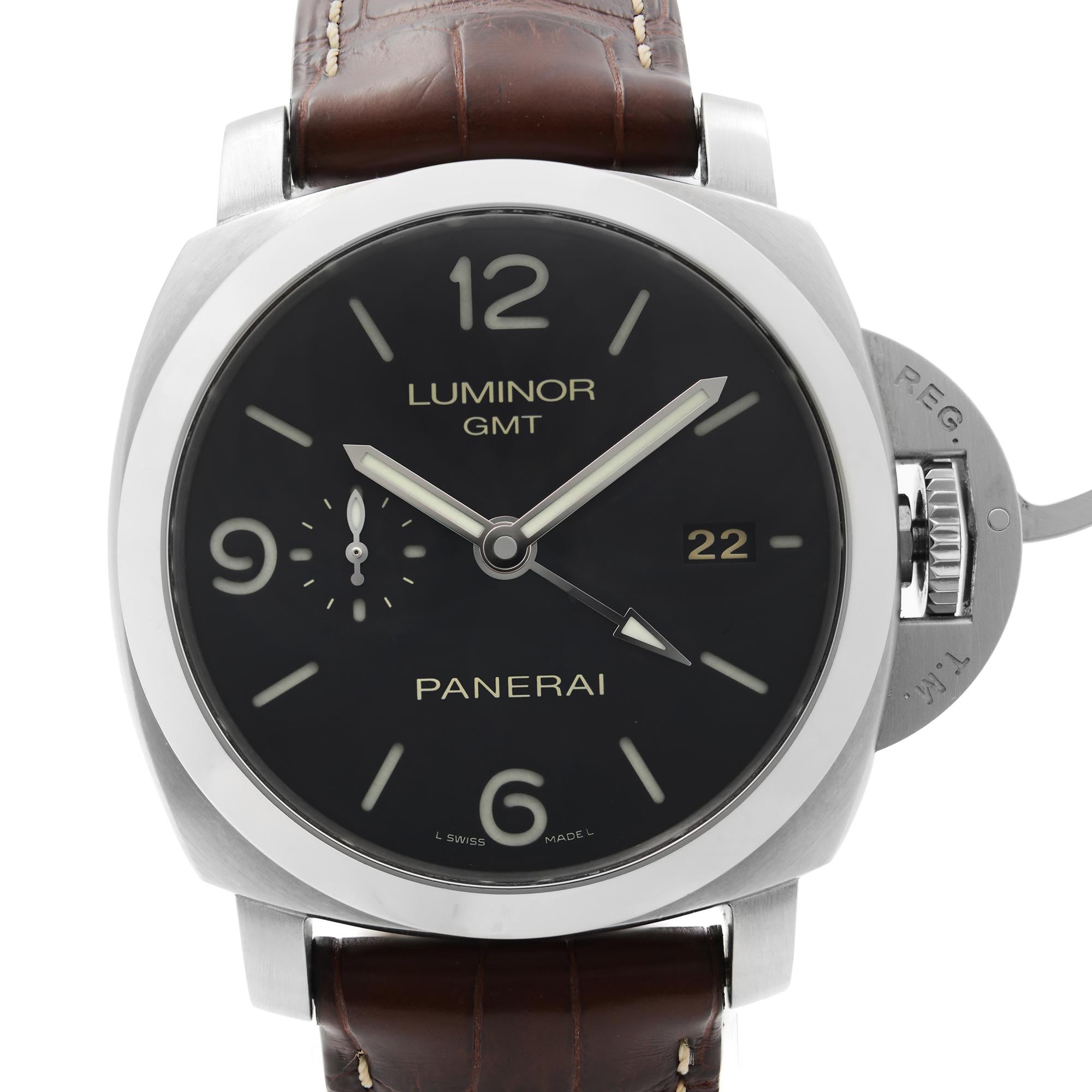 Panerai Luminor 1950 3-Days GMT Steel Black Dial Automatic Men's Watch PAM00320. 2015 paperwork. Sandwich Dial. Comes with an extra Rubber Band and Band Changing Tools. This Timepiece Features Stainless Steel Case with a Brown (Alligator) Leather