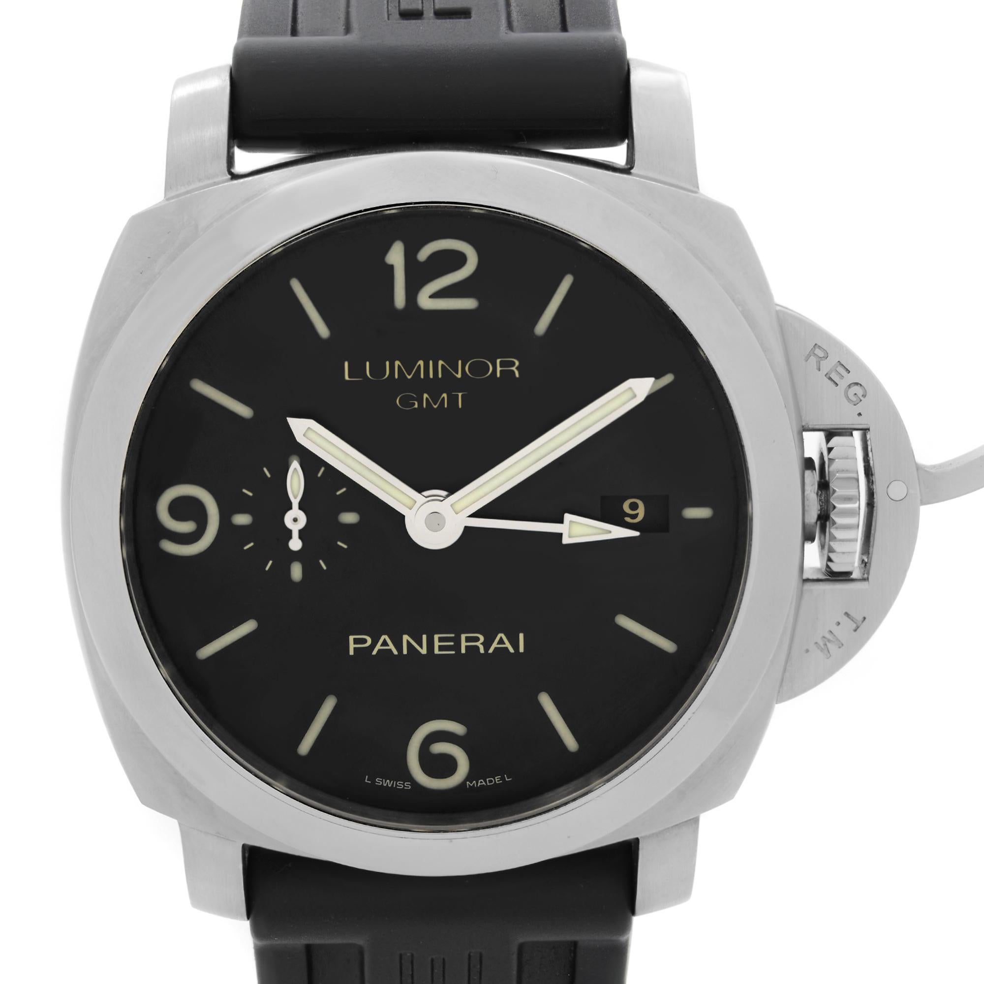Pre-Owned Excellent condition Panerai Luminor GMT Steel Black Dial Rubber Strap Automatic Men's Watch PAM320. This Beautiful Timepiece is Powered by Mechanical (Automatic) Movement And Features: Stainless Steel Case with a Black Runner Strap, Fix