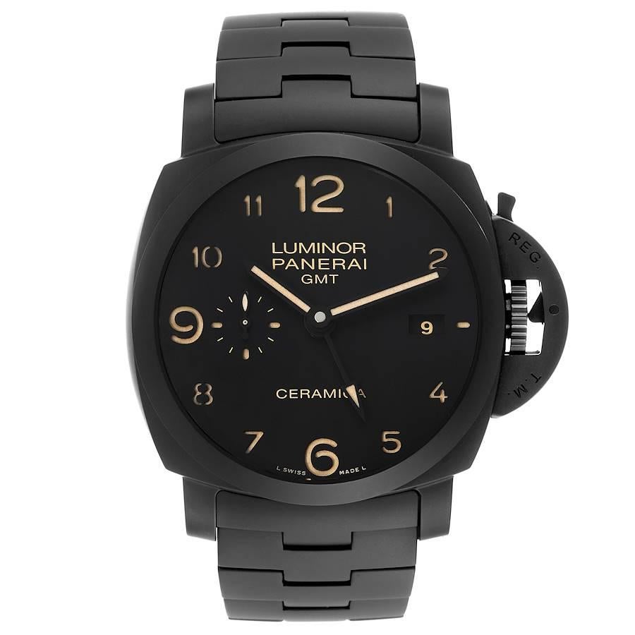 Panerai Luminor 1950 3 Days Tuttonero GMT Ceramic Mens Watch PAM00438 Box Papers. Automatic self-winding movement. Matt black ceramic case cushion shaped case 44.0 mm in diameter. Panerai patented crown protector. Exhibition sapphire case back.