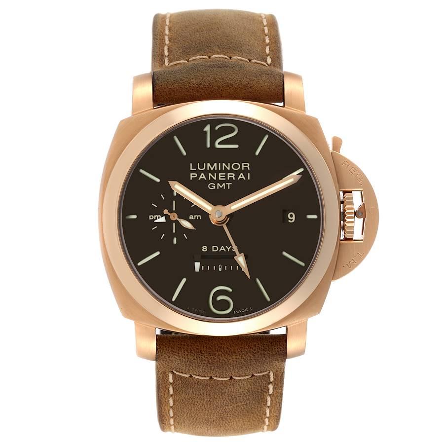 Panerai Luminor 1950 8 Tage GMT 18k Rose Gold Herrenuhr PAM00289 Box Papiere. Uhrwerk mit Handaufzug. Kaliber P.2002, 21 Lagersteine, Glucydur-Unruh, 28.800 Halbschwingungen/Stunde. KIF Parechoc Anti-Schock-Vorrichtung. Gangreserve 8 Tage mit