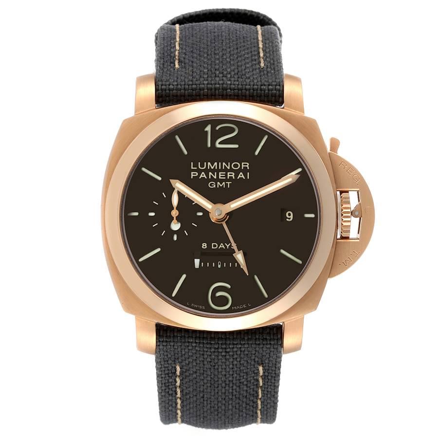 Panerai Luminor 1950 8 Tage GMT 18k Rose Gold Herrenuhr PAM00289 Box Papiere. Uhrwerk mit Handaufzug. Kaliber P.2002, 21 Lagersteine, Glucydur-Unruh, 28.800 Halbschwingungen/Stunde. KIF Parechoc-Schockschutzvorrichtung. 8-Tage-Gangreserve mit